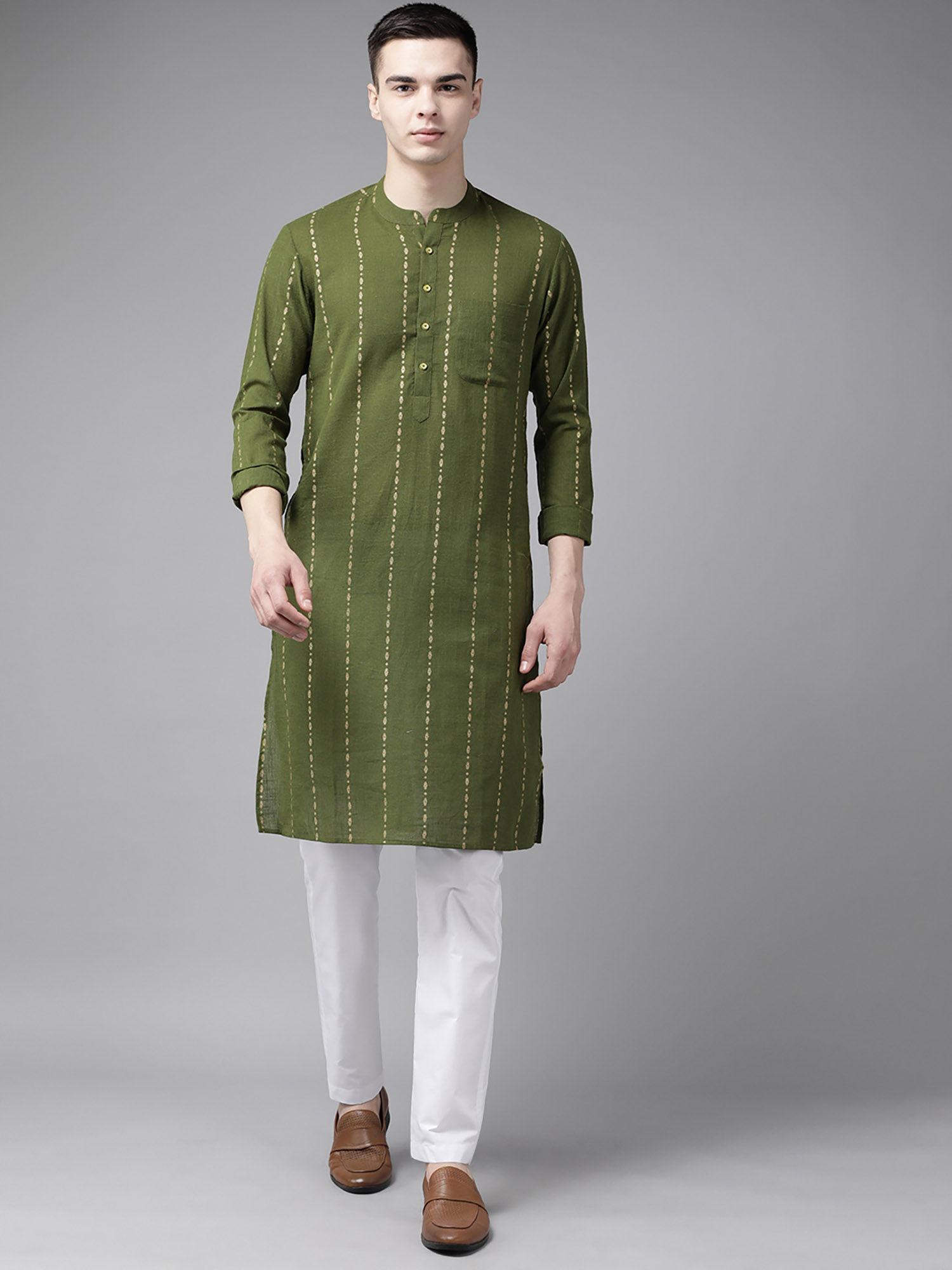 men green & gold stripe printed straight kurta with pyjama (set of 2)