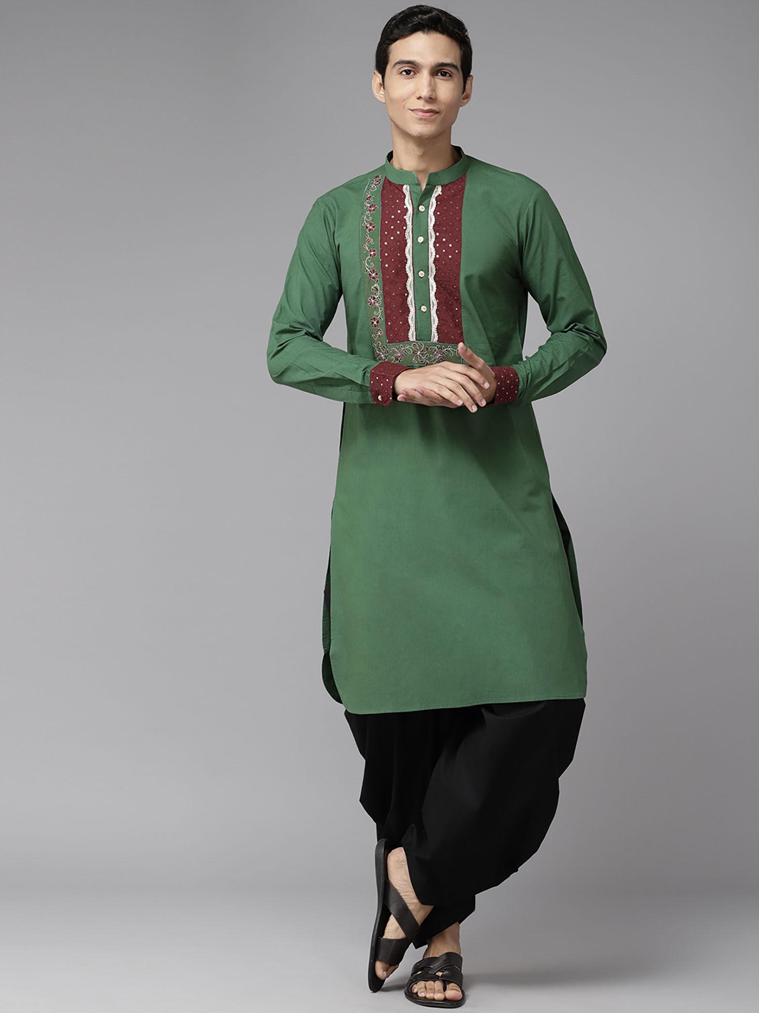 men green & maroon pure cotton embroidered straight kurta