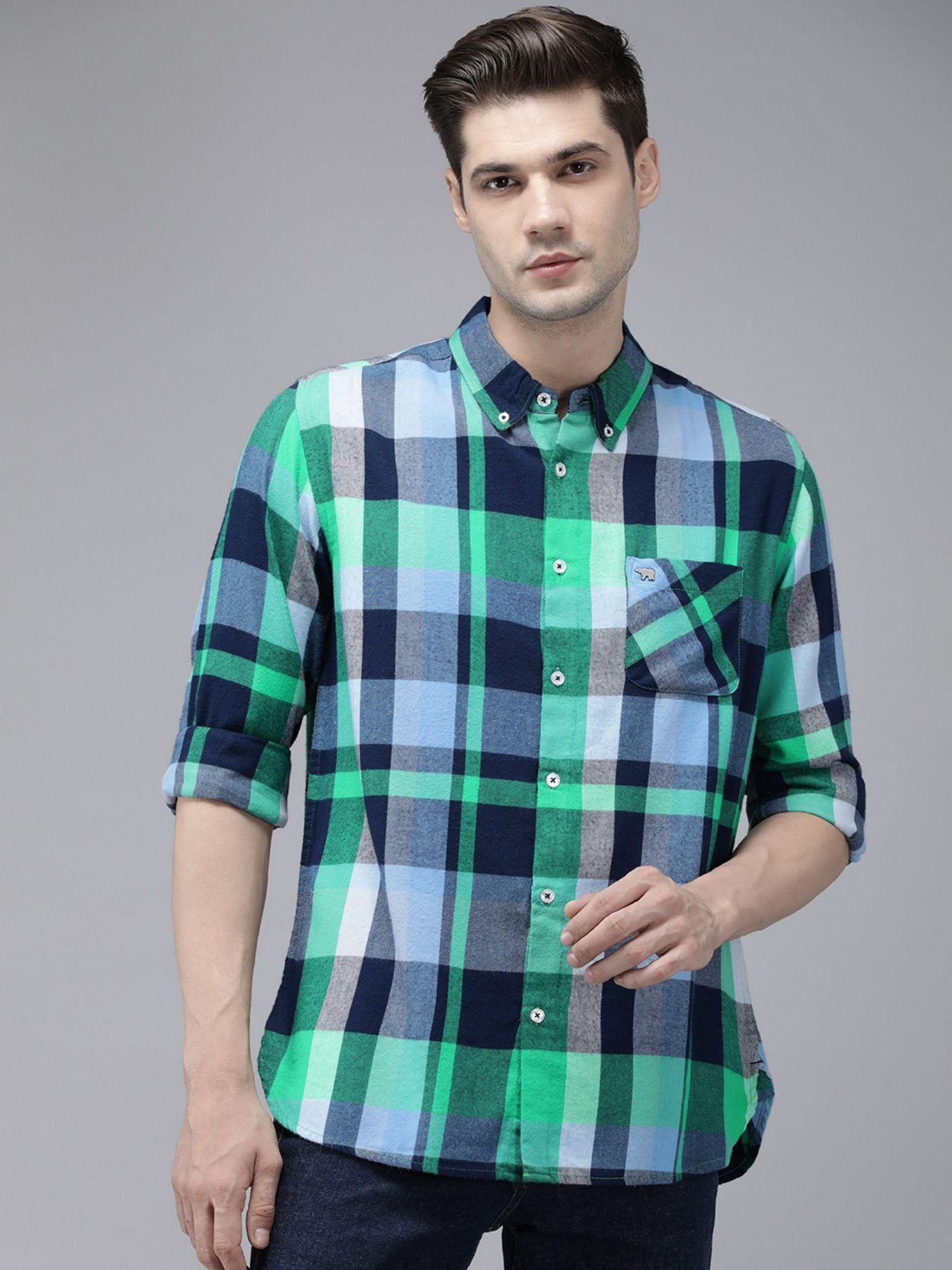 men green & navy blue checked slim fit flannel cotton casual shirt