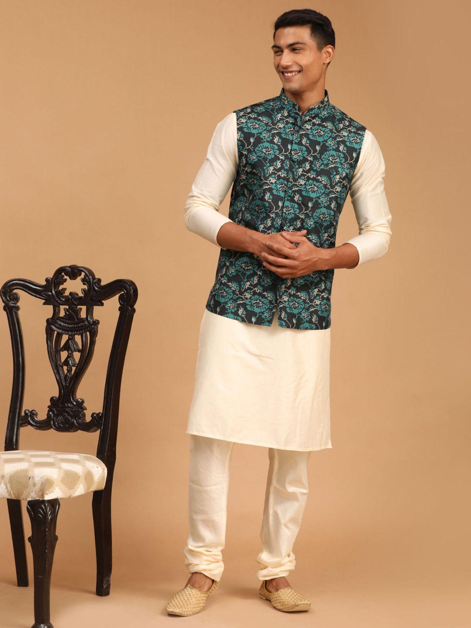 men green and cream viscose jacket, kurta and pyjama (set of 3)