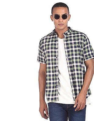 men green and navy short sleeve check casual shirt