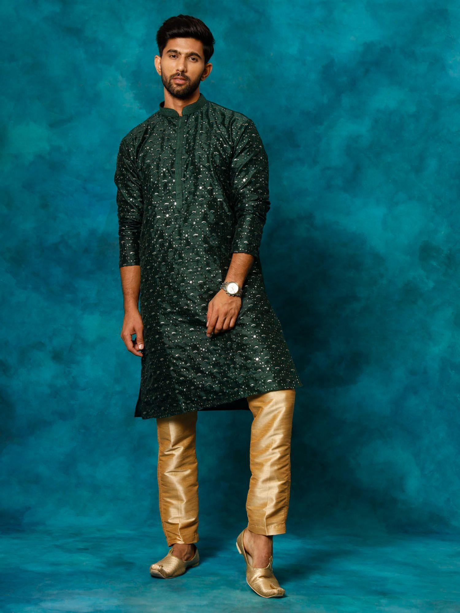 men green and rose gold silk blend kurta pyjama (set of 2)