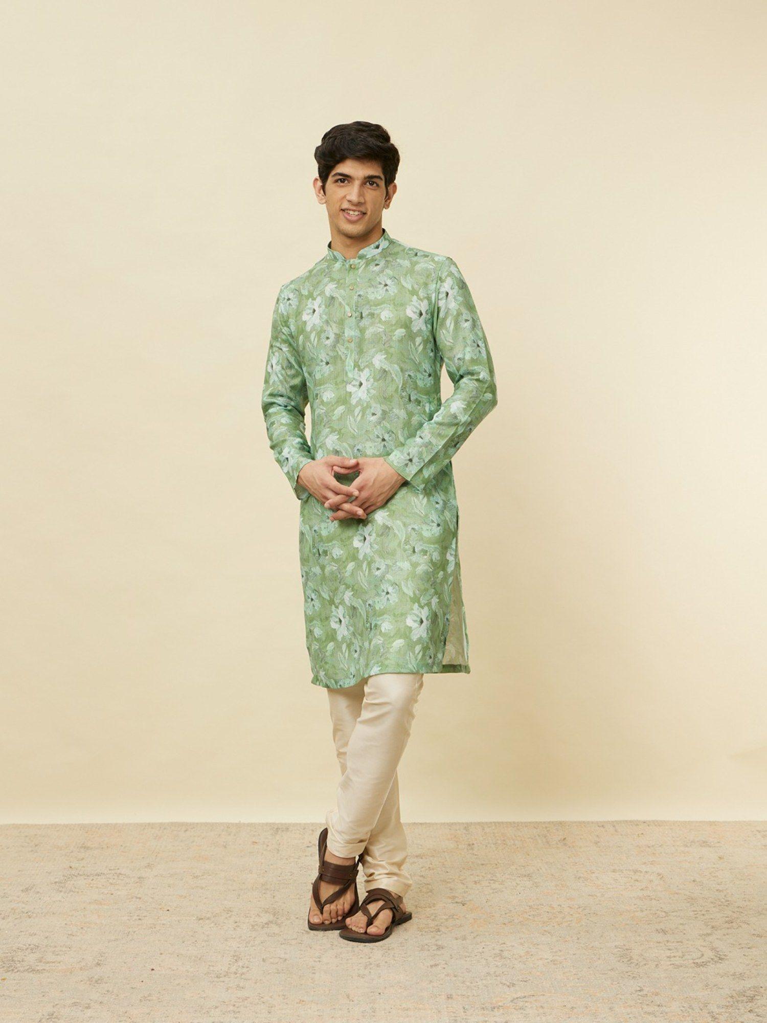 men green blended viscose floral printed kurta