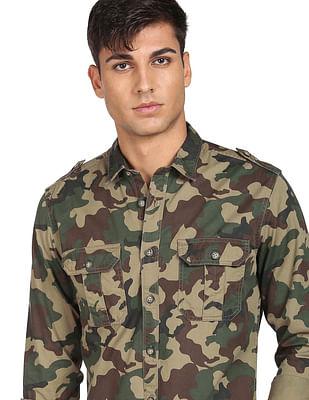 men green camouflage print pure cotton casual shirt