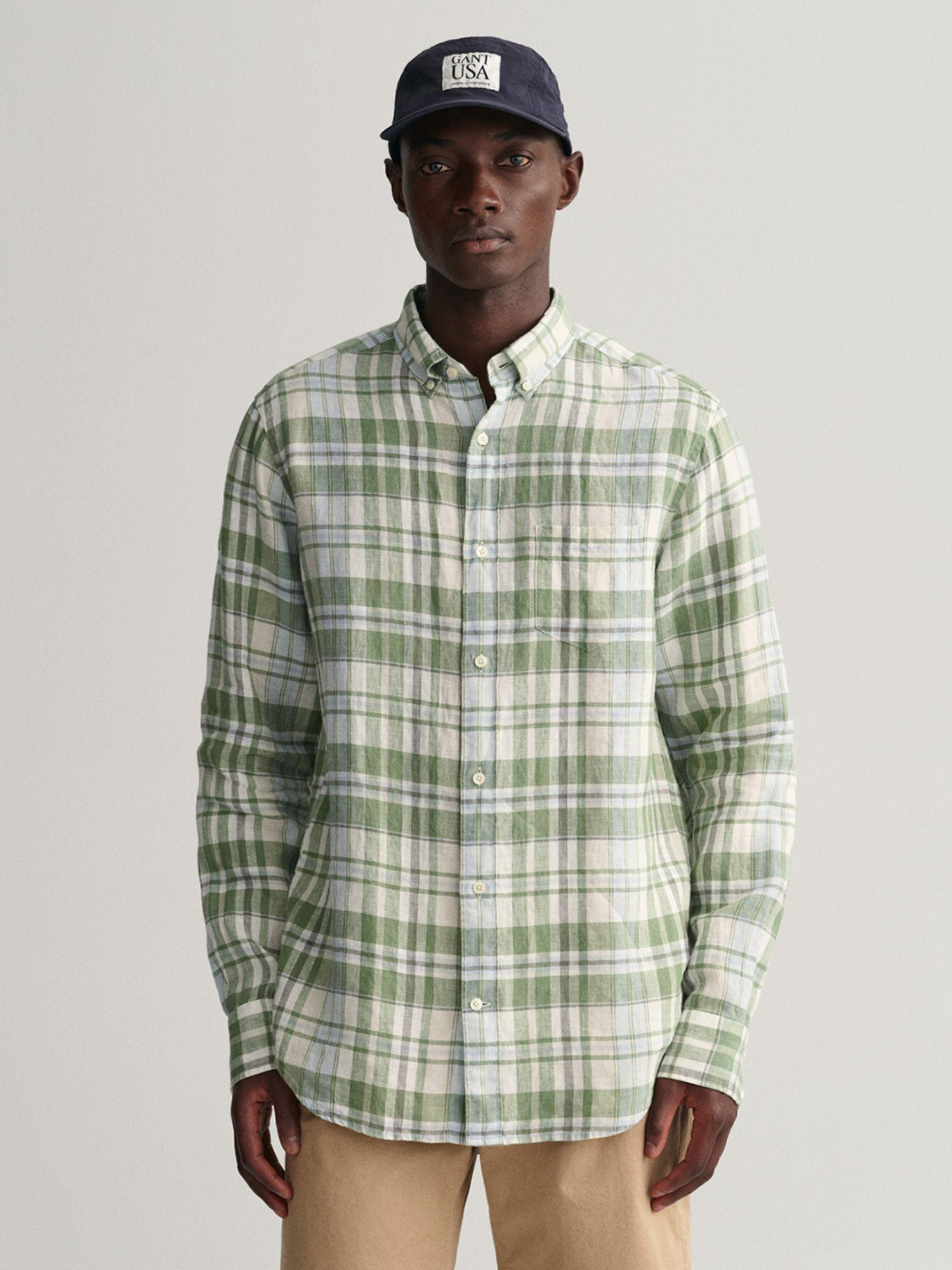 men green check regular linen madras shirt