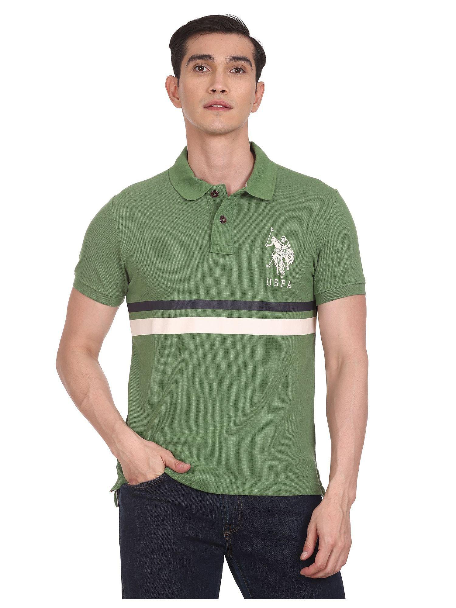 men green contrast stripe pique polo t-shirt