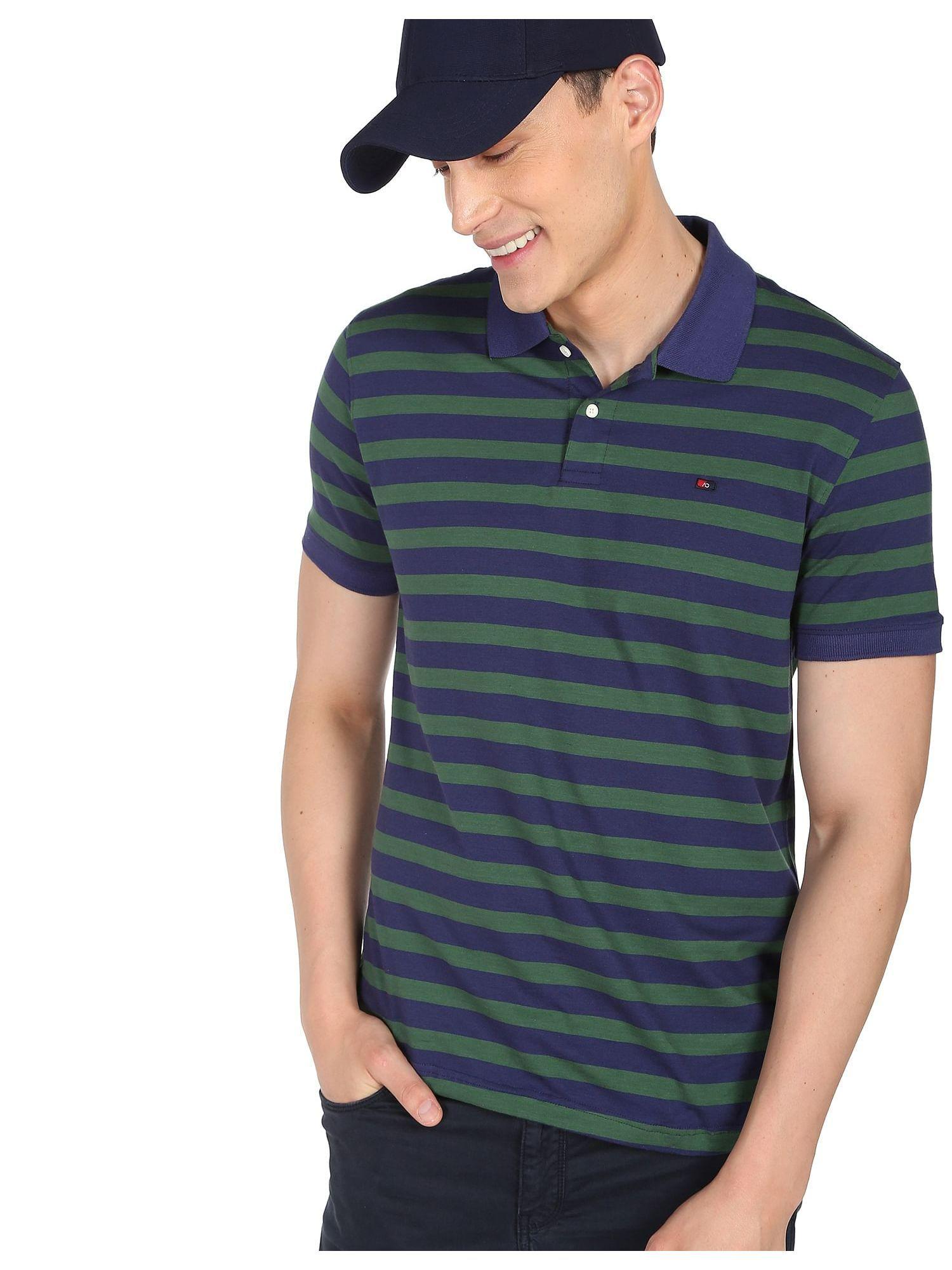 men green cotton horizontal striped polo shirt