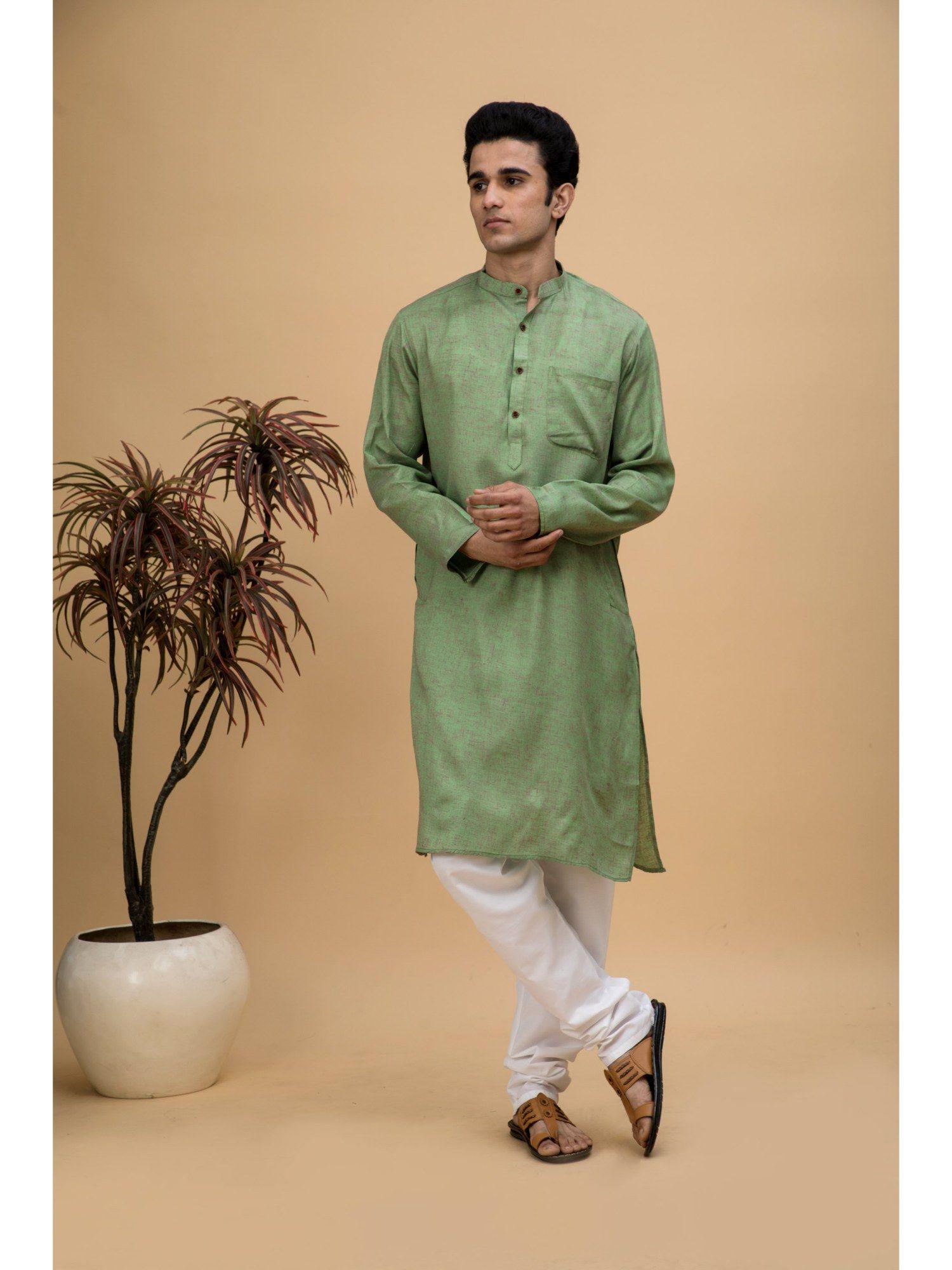 men green cotton linen blend long kurta (set of 2)