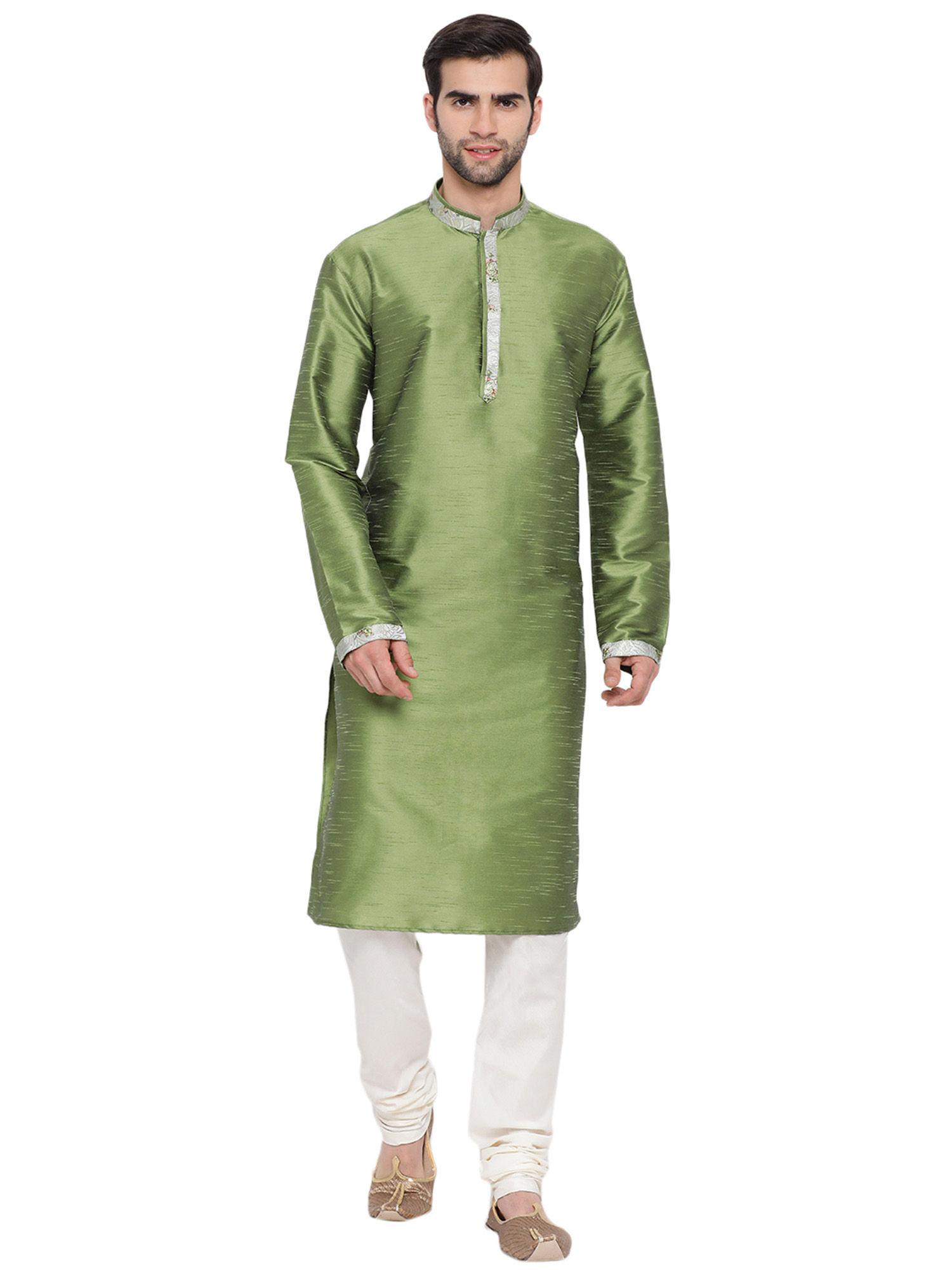 men green cotton silk kurta pyjama (set of 2)