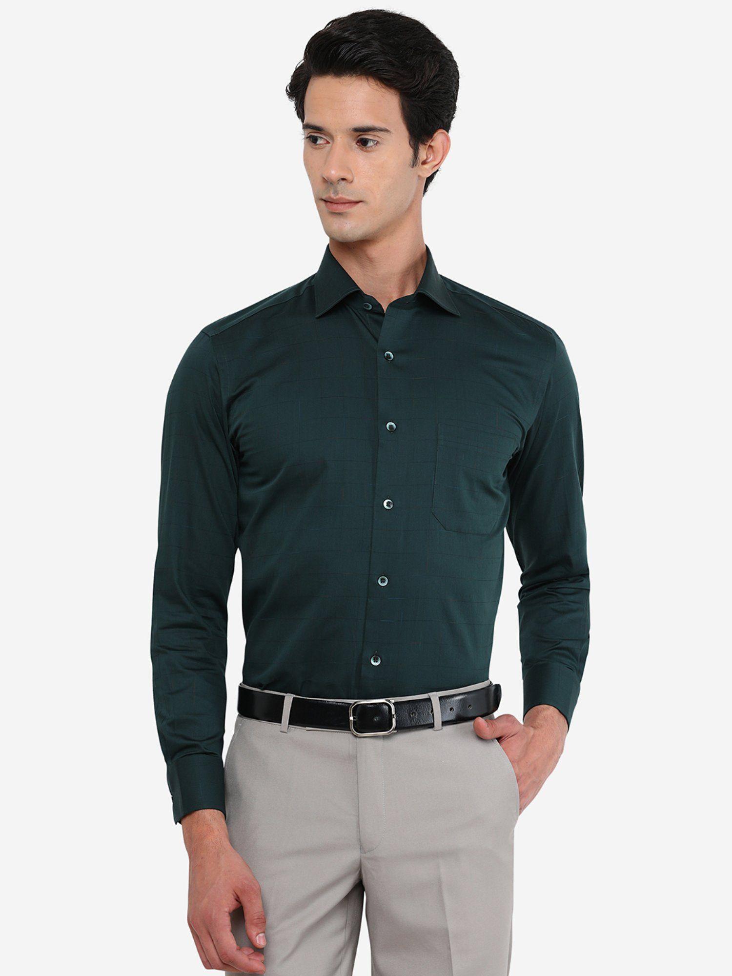 men green cotton slim fit solid formal shirt