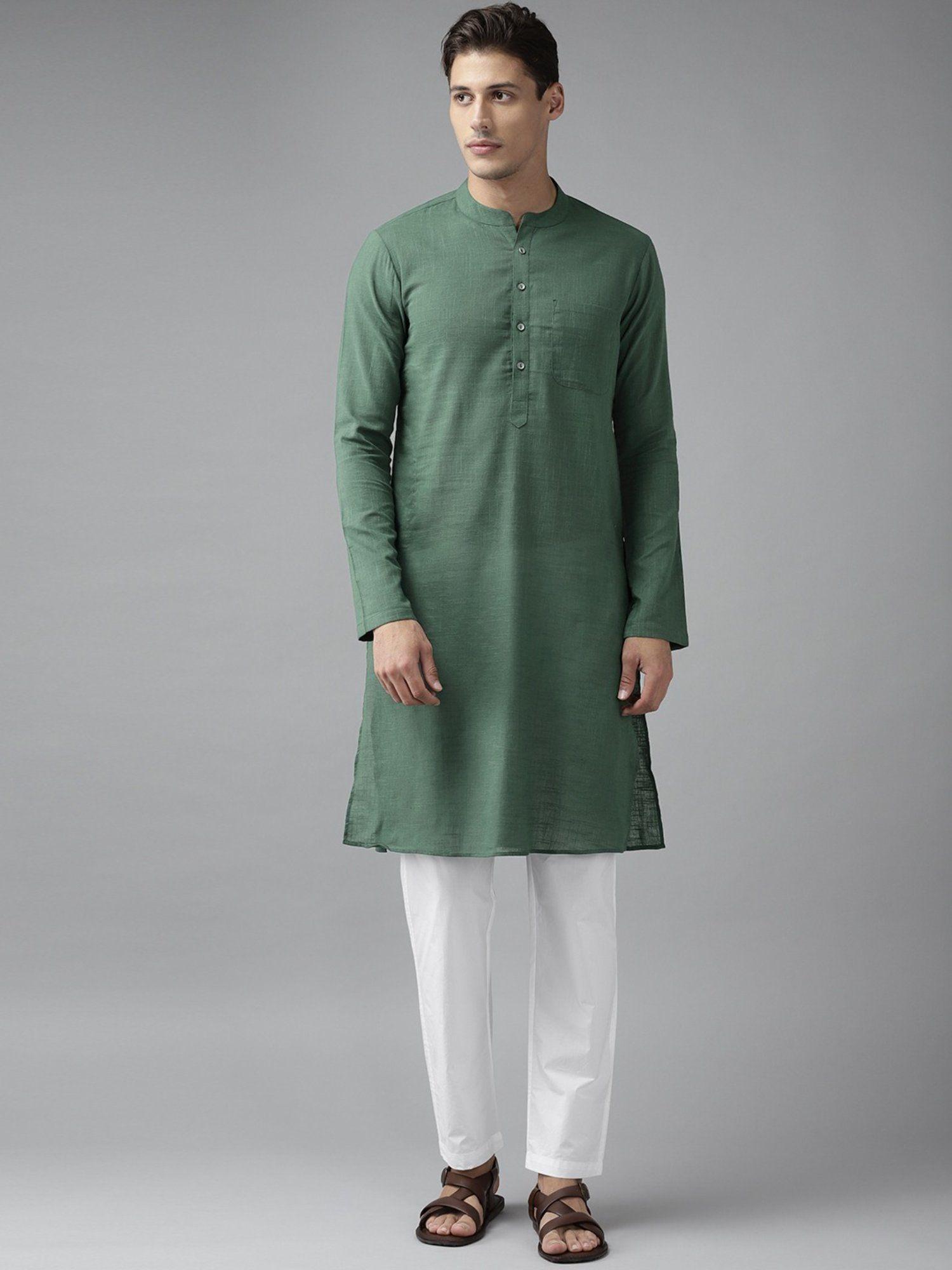 men green cotton straight kurta with slub effect