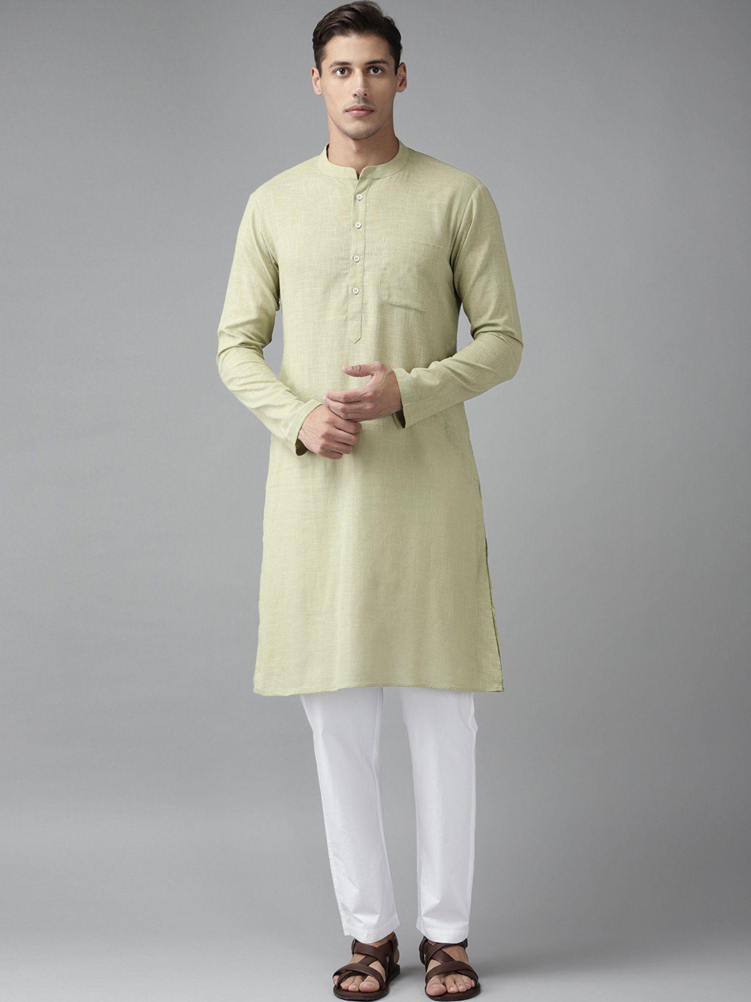 men green cotton straight slub effect kurta & pyjama (set of 2)