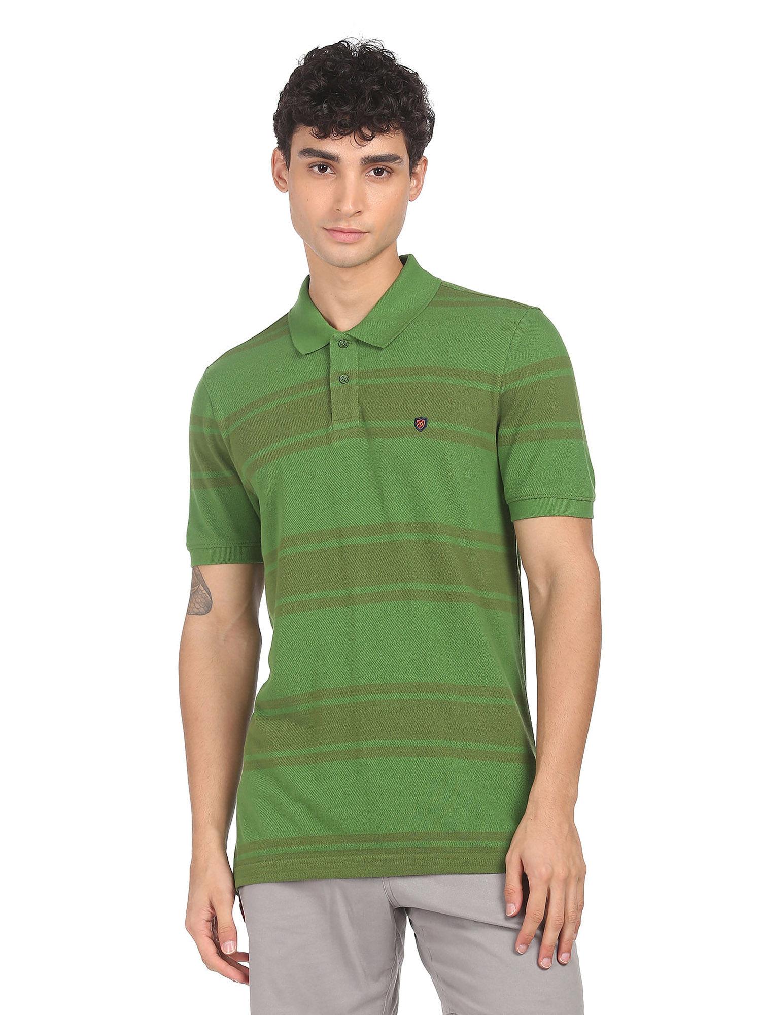 men green cotton striped polo shirt