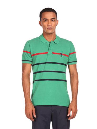 men green cotton striped polo t-shirt