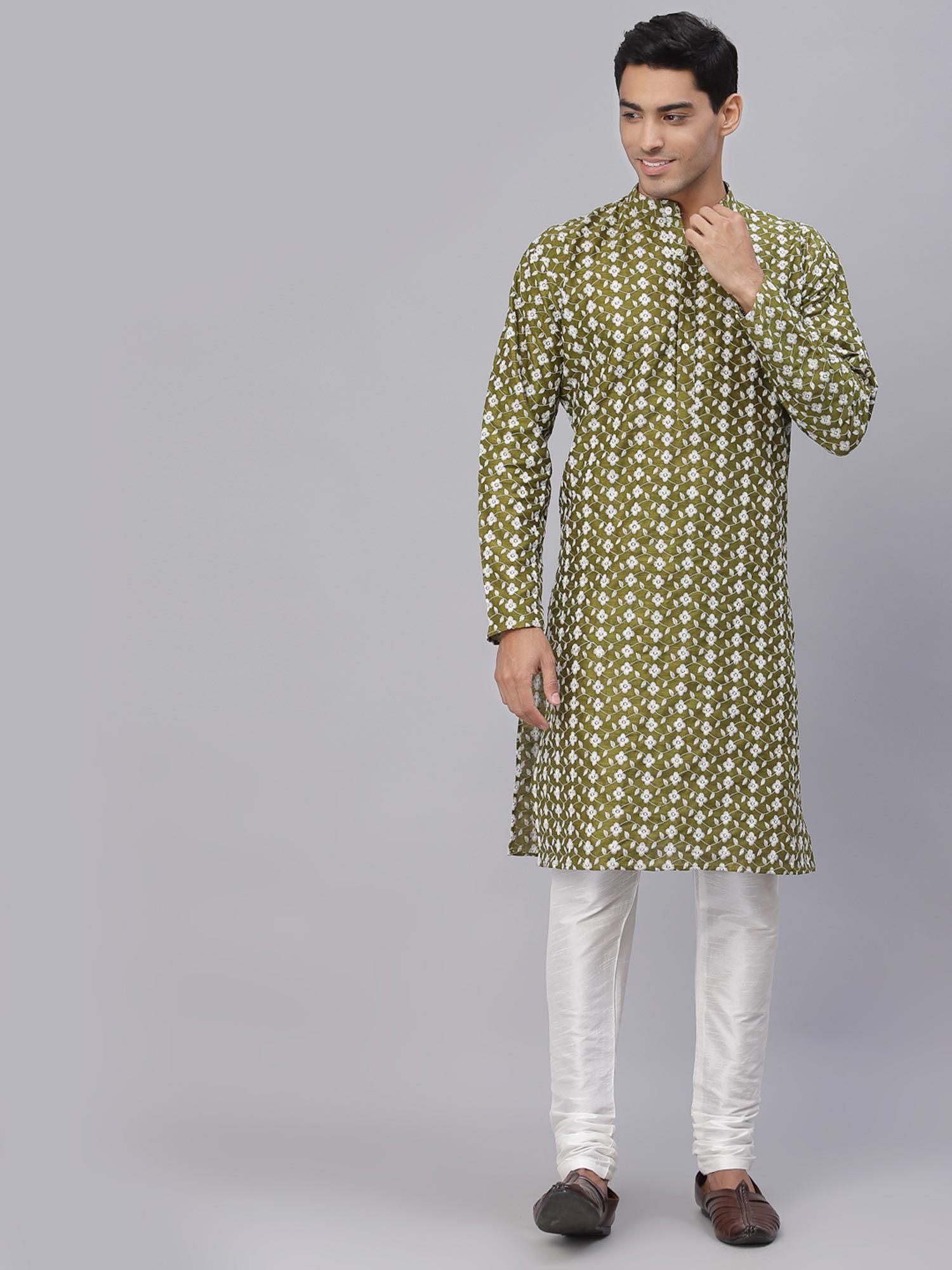 men green dupion silk chikankari straight kurta