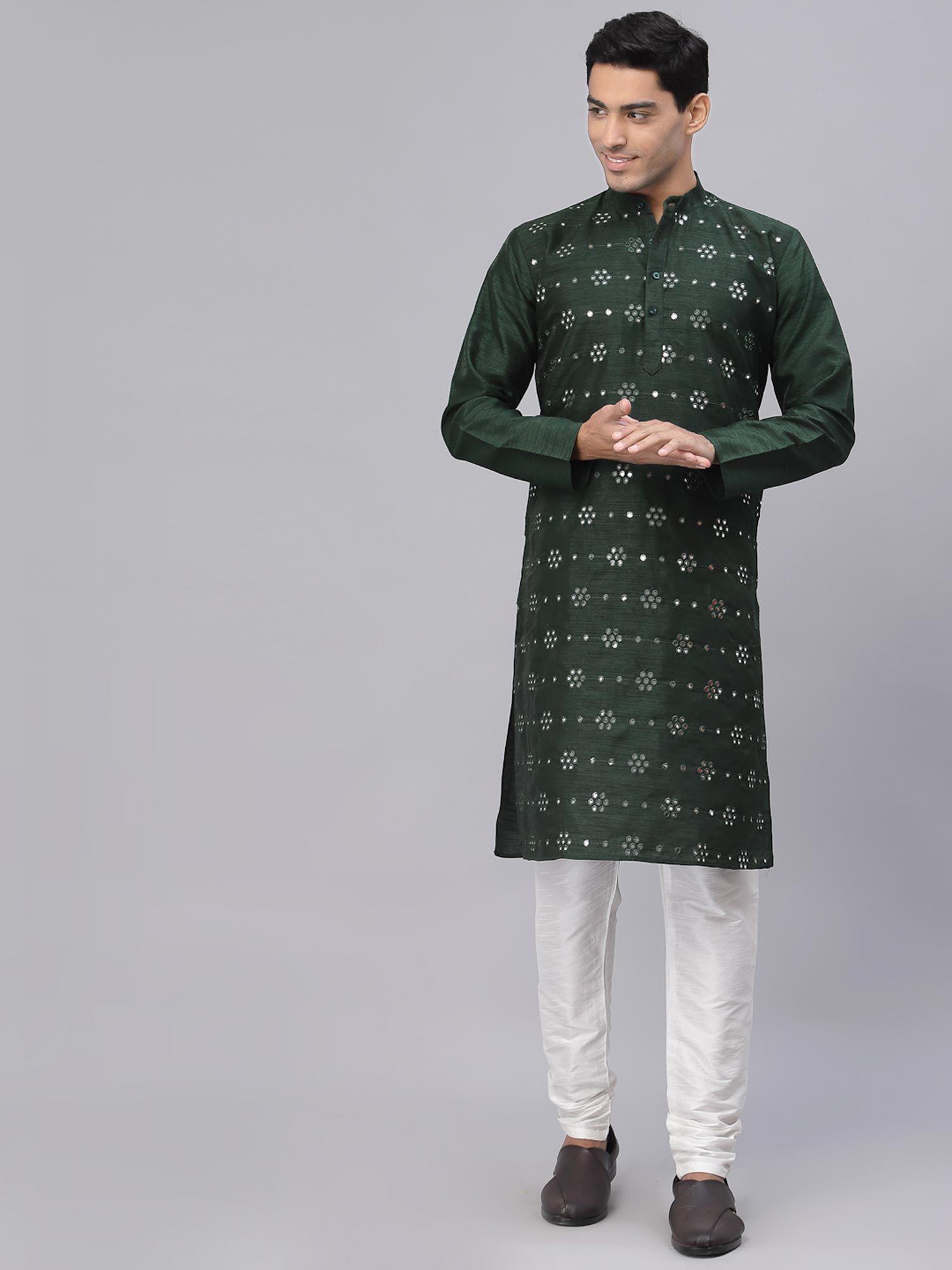 men green dupion silk mirror work straight kurta