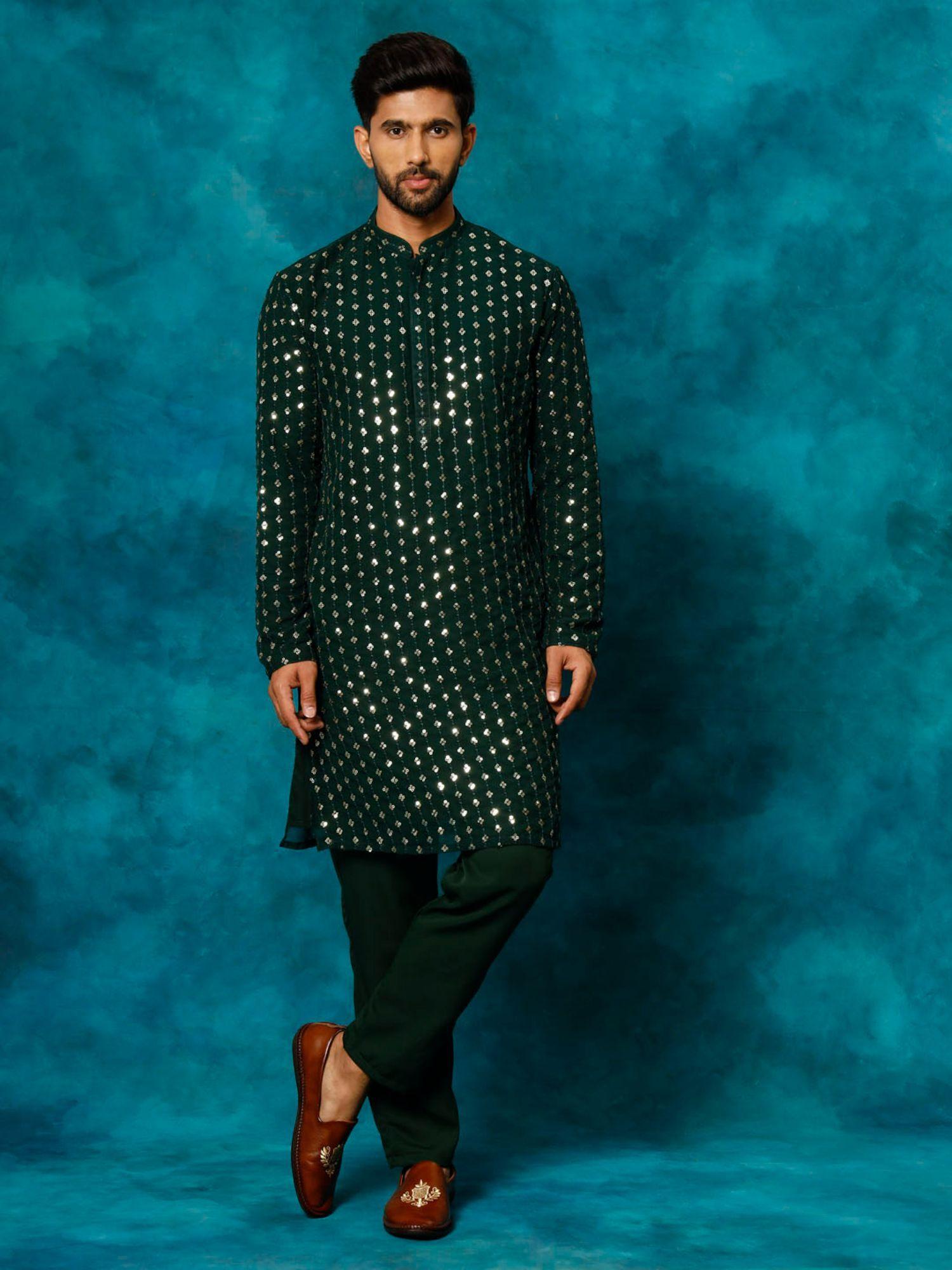 men green georgette kurta pyjama (set of 2)