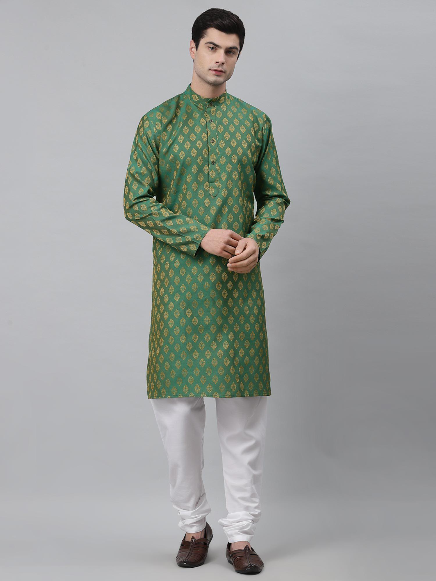 men green gold-coloured jacquard straight kurta and churidaar (set of 2)