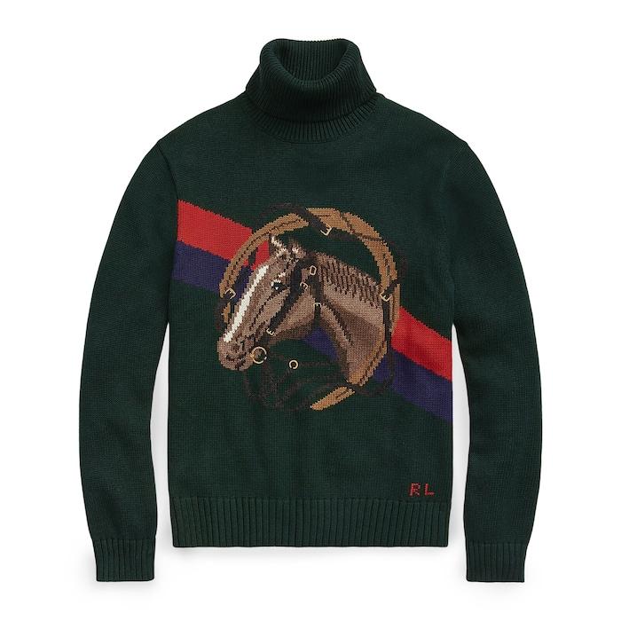 men green horsehead cotton turtleneck sweater