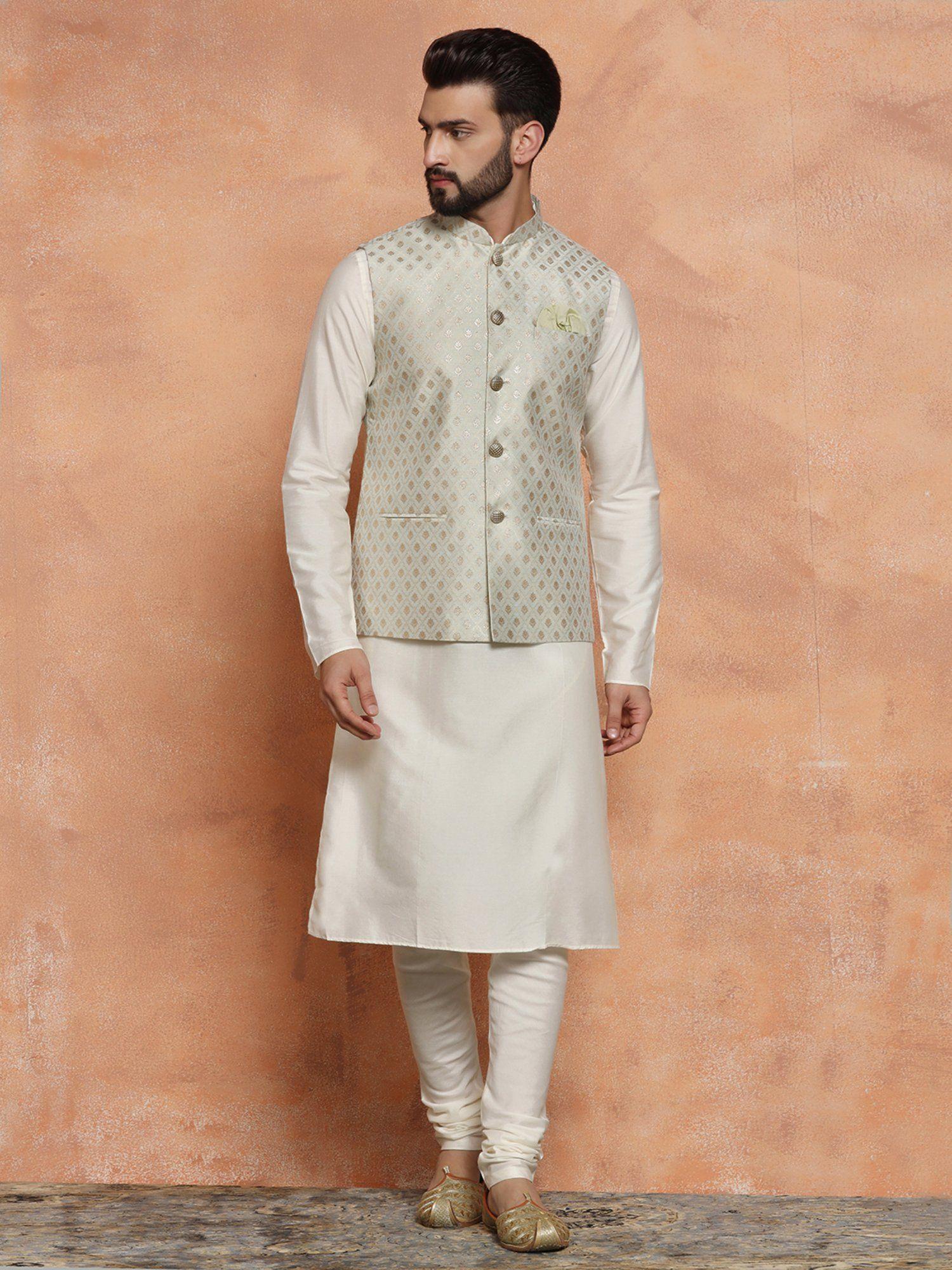 men green jacket kurta (set of 3)