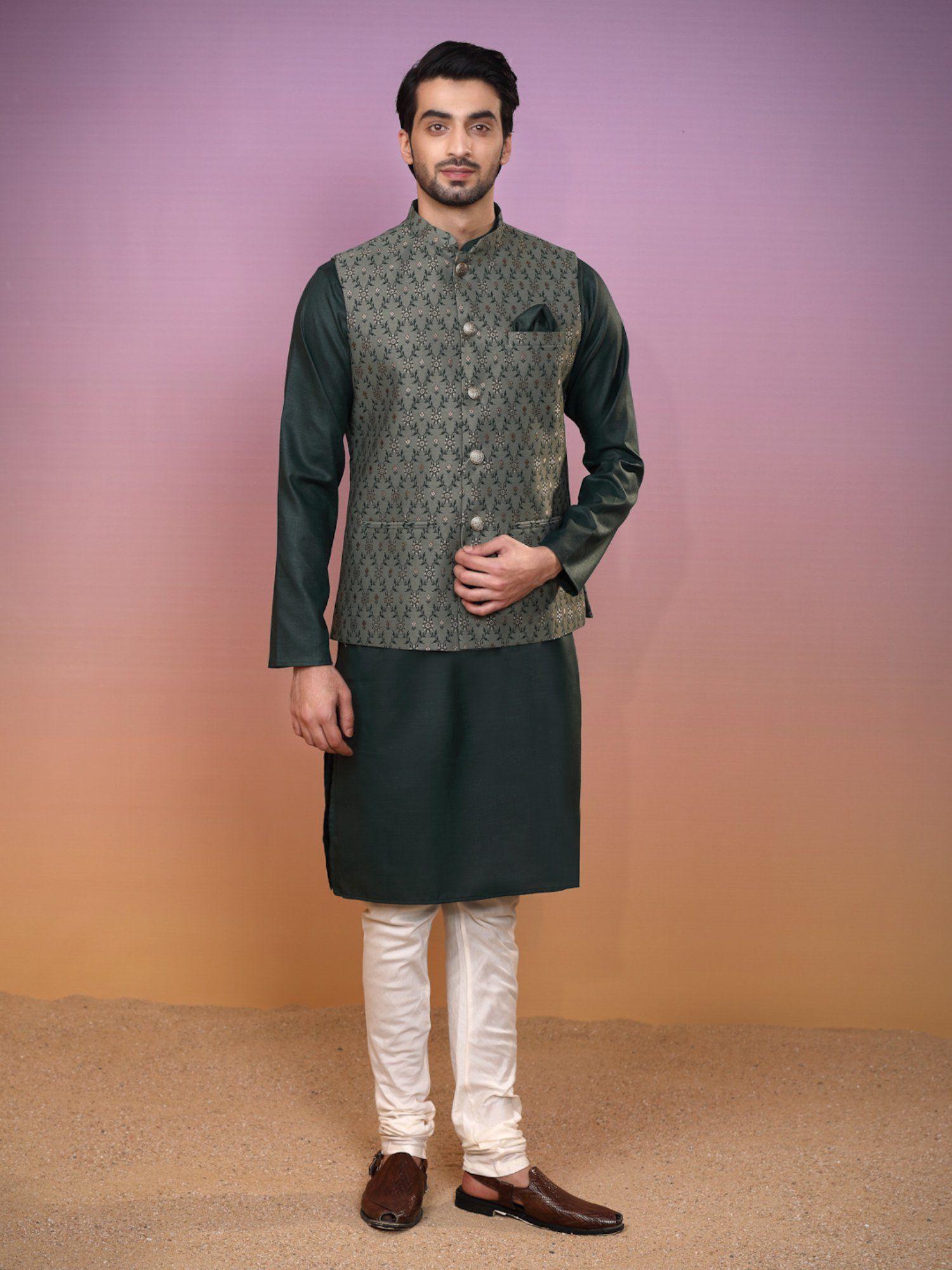 men green jacket kurta and churidar (set of 3)