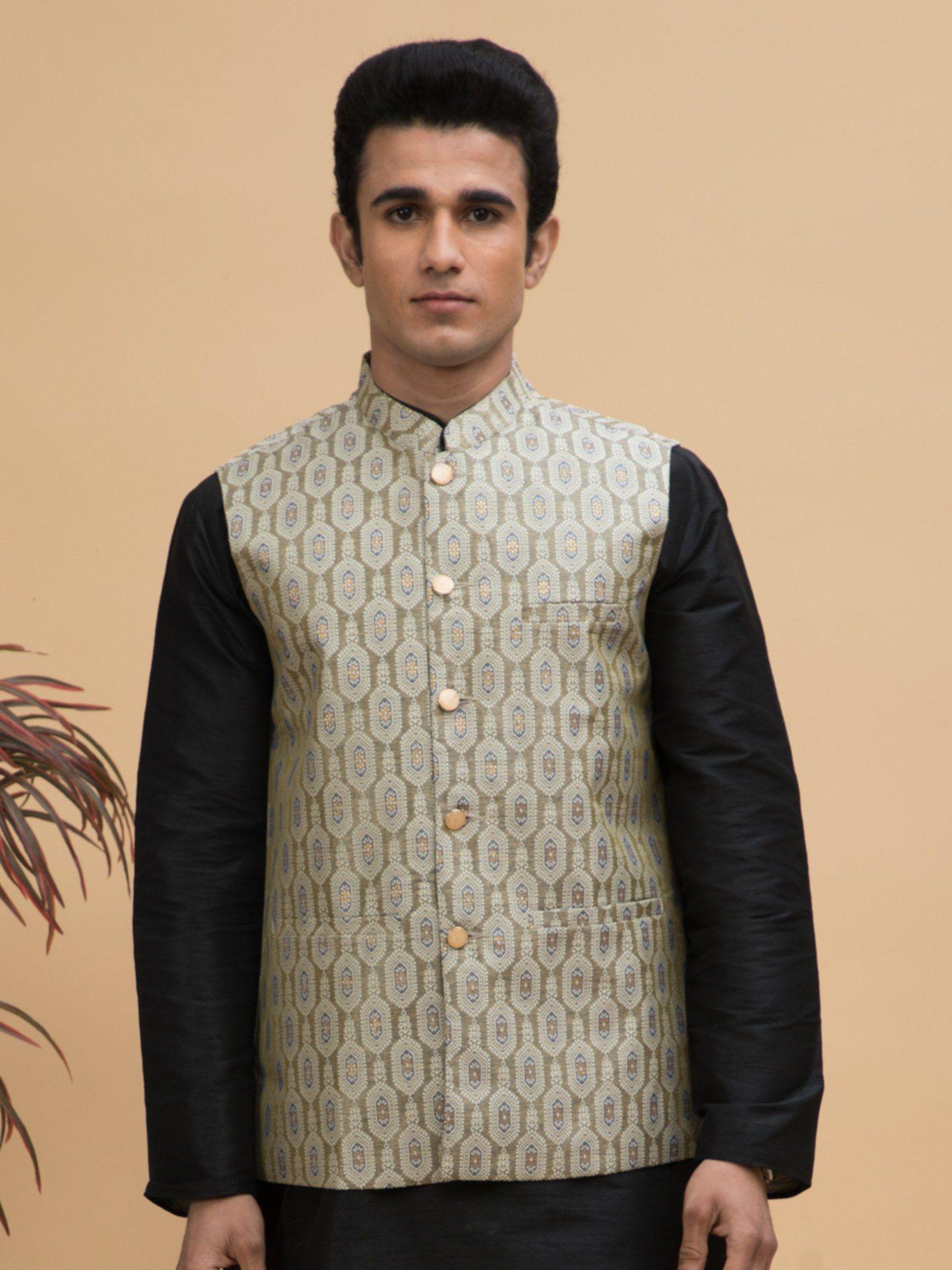 men green jacquard ethnic motif silk blend nehru jacket