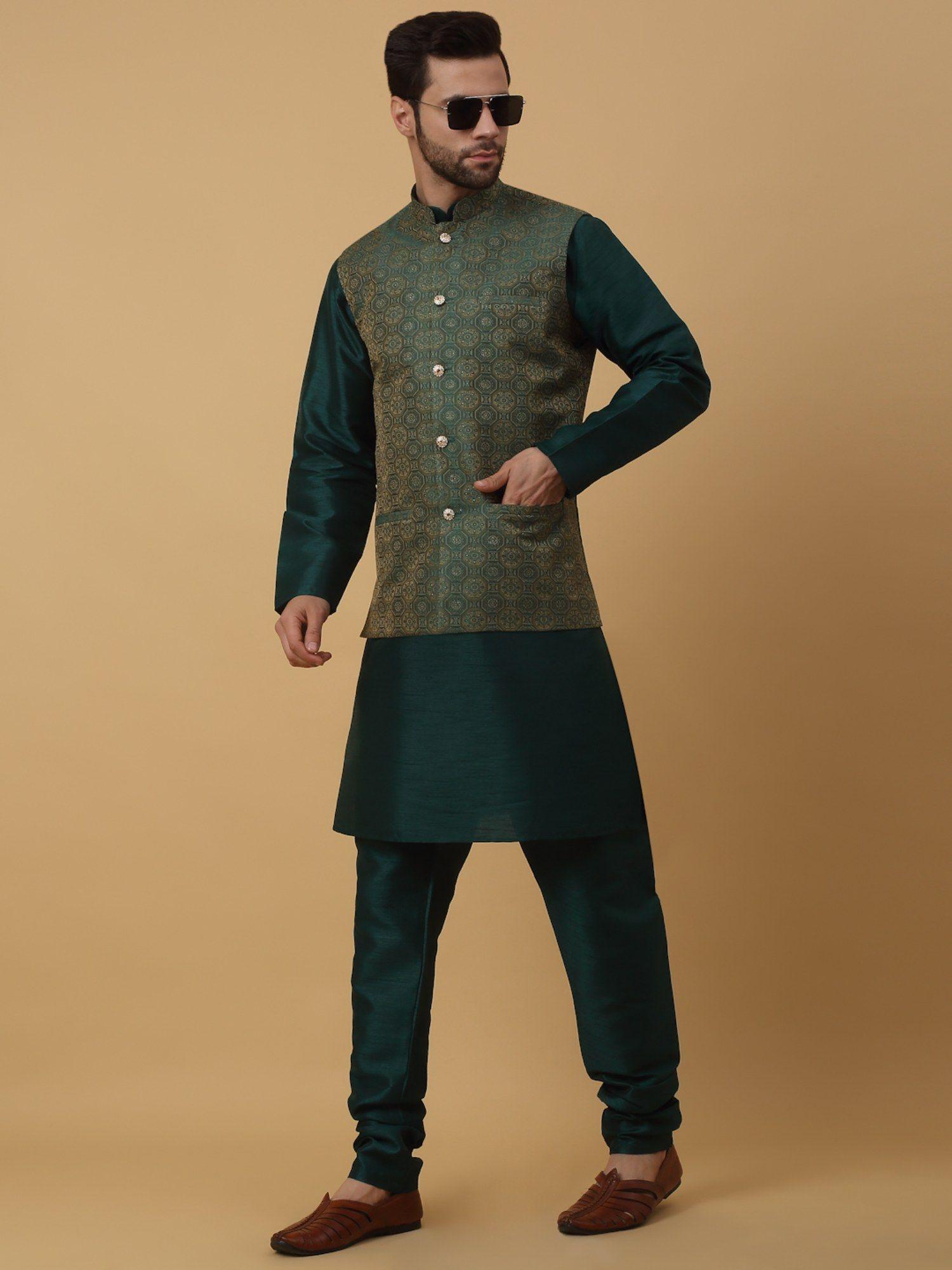 men green kurta & churidar with jacquard green nehru jacket (set of 3)