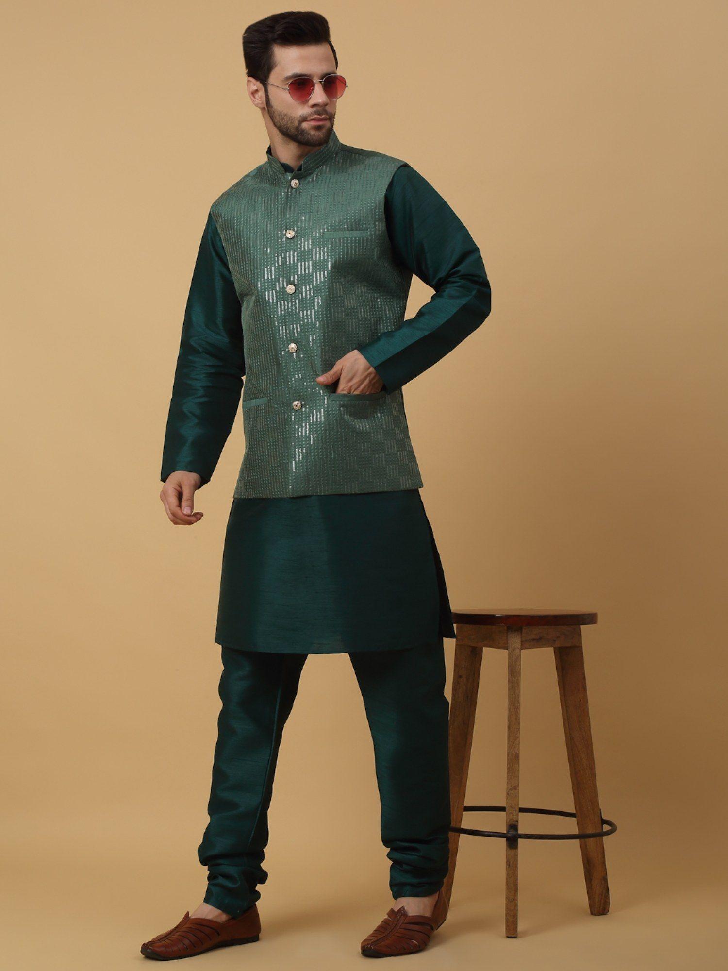 men green kurta & churidar with sequenced green nehru jacket (set of 3)