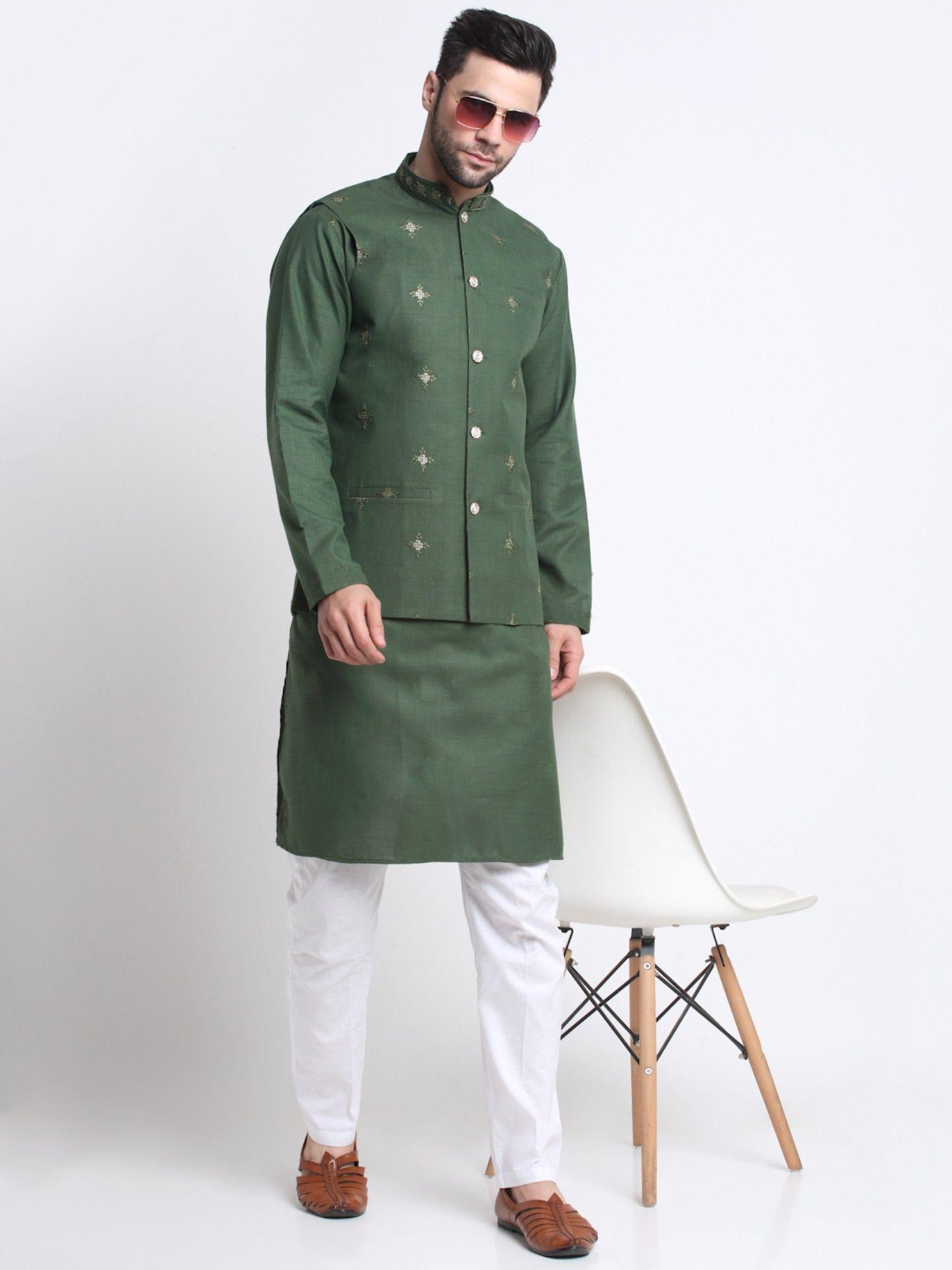 men green kurta & white pyjama with green embroidered sequined nehru jacket (set of 3)