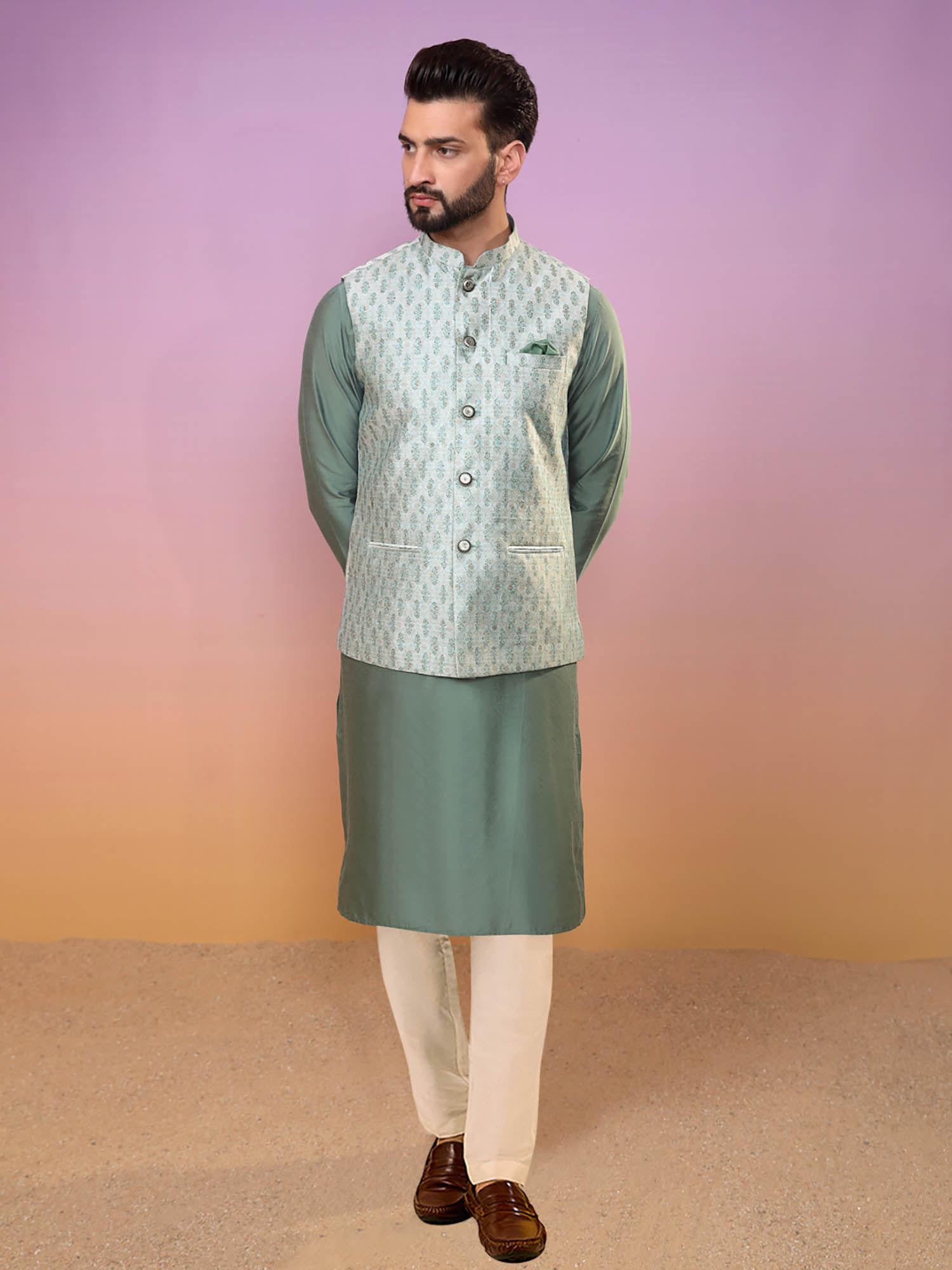 men green kurta jacket trouser set (set of 3)