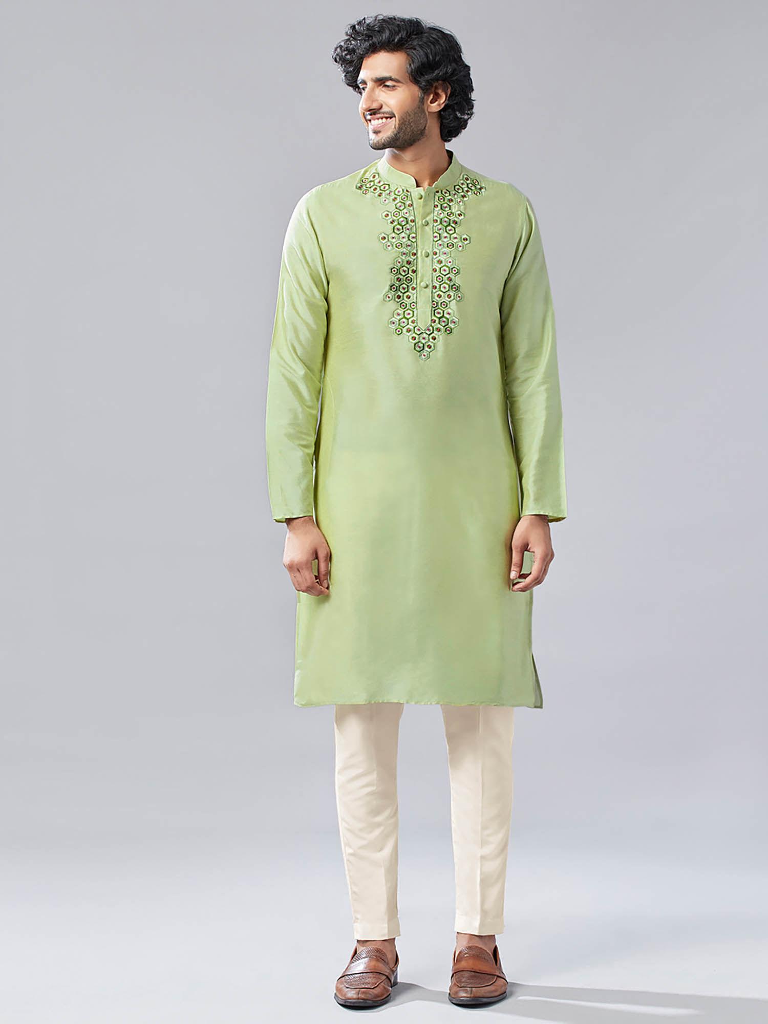 men green kurta trousers (set of 2)