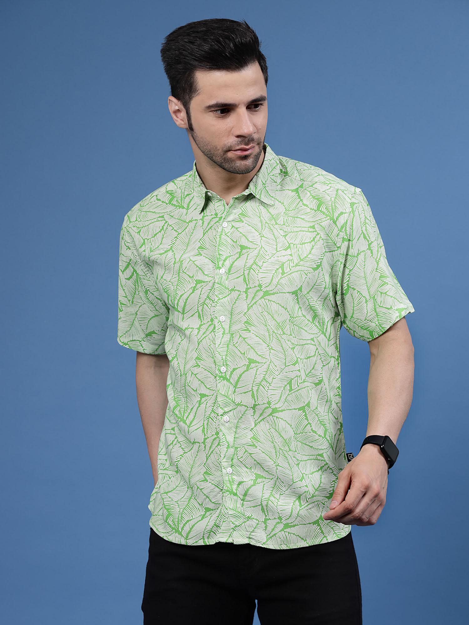 men green leaf print shirt