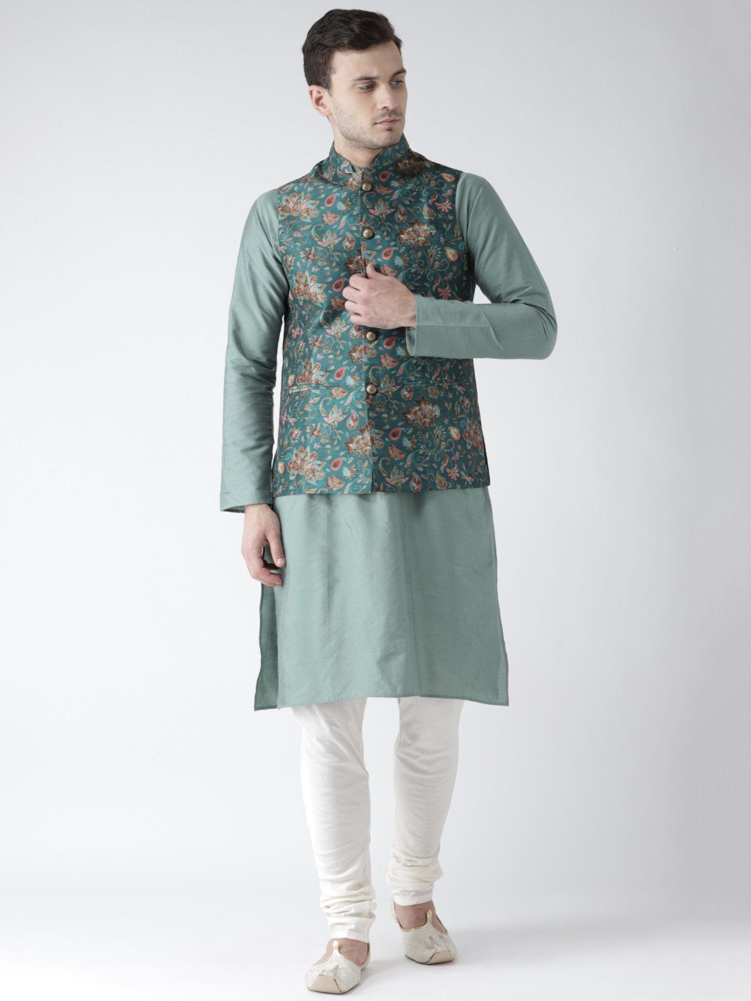 men green nehru jacket churidar kurta (set of 3)