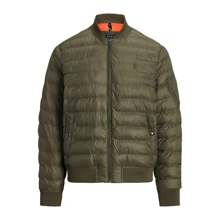 men green packable water-repellent bomber jacket