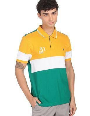 men green panelled cotton colour block polo shirt