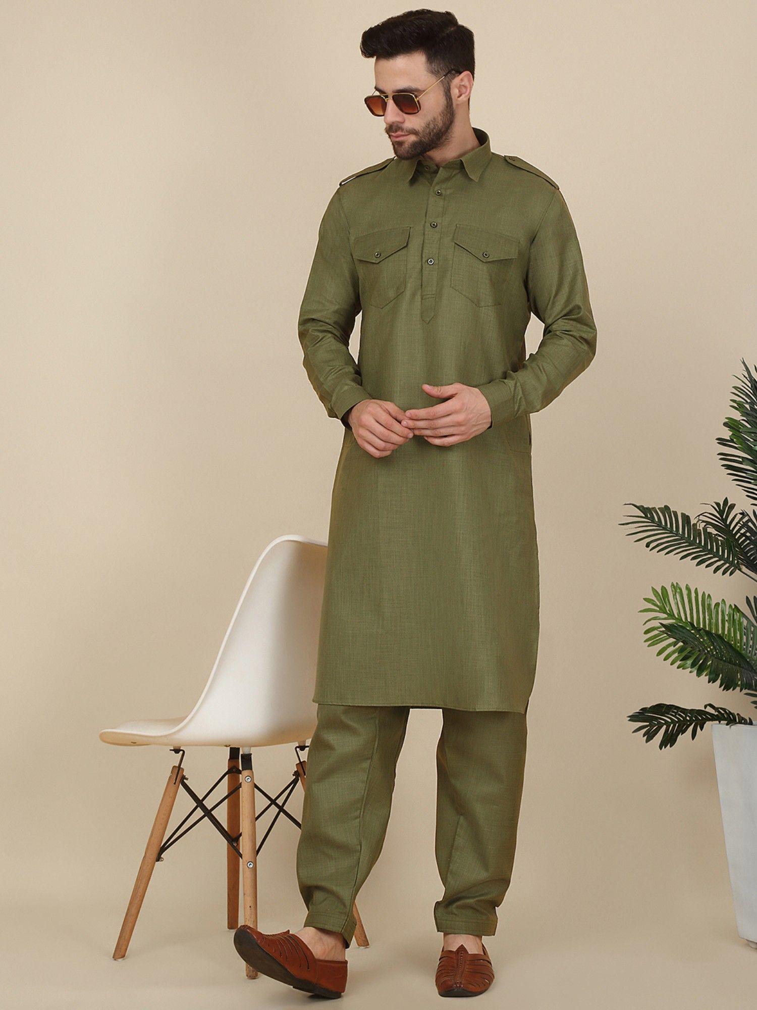 men green pathani kurta with salwar (set of 2)