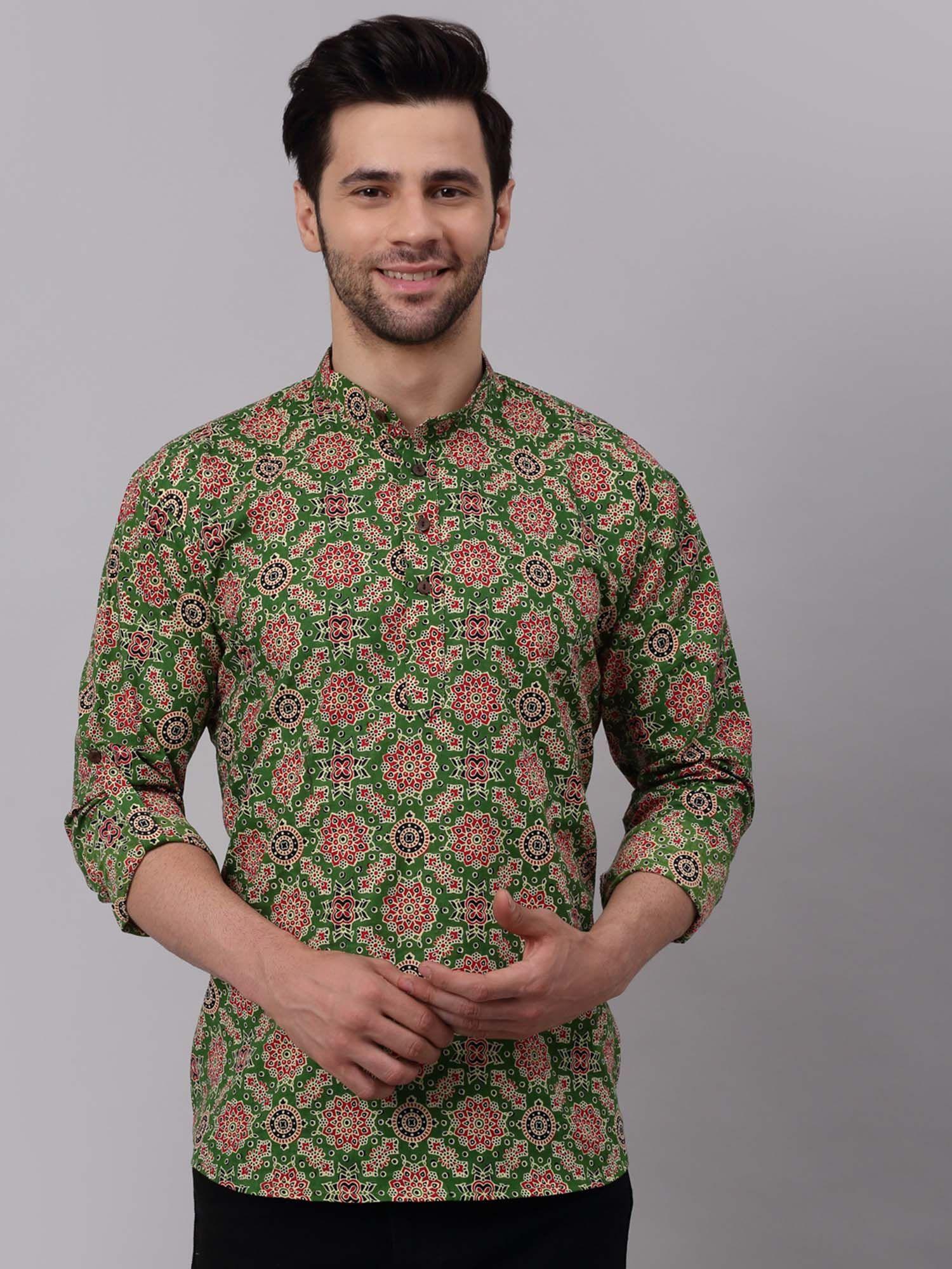 men green printed cotton short kurta for men