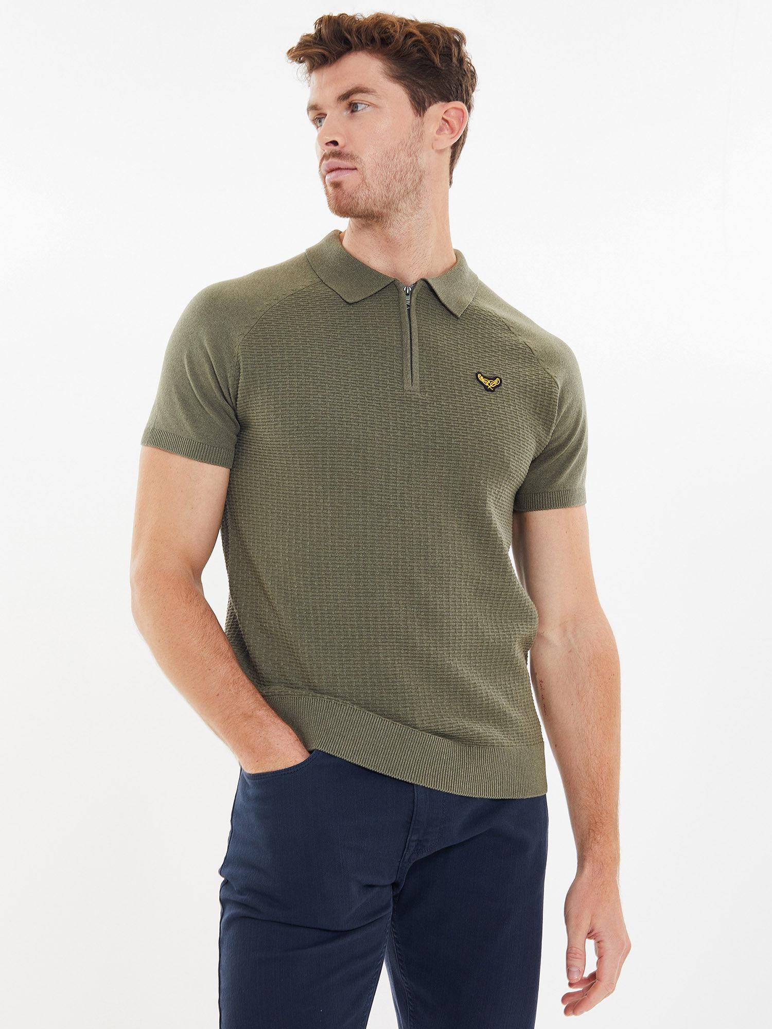 men green quarter zip textured knitted polo t-shirt