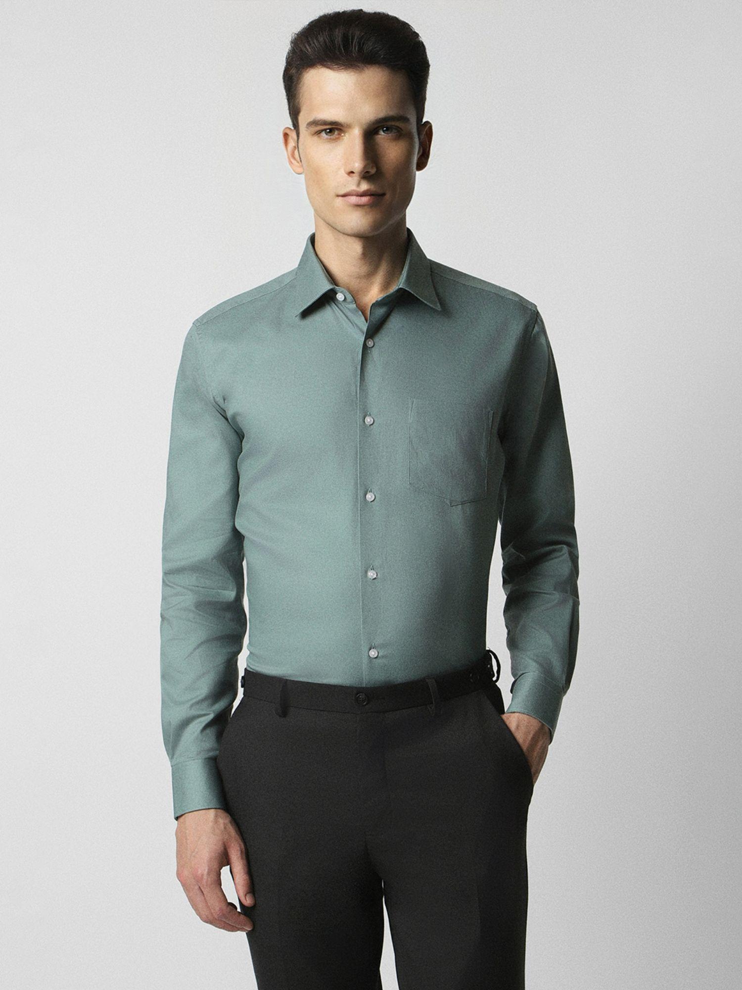 men green regular fit solid full sleeves wedding shirt