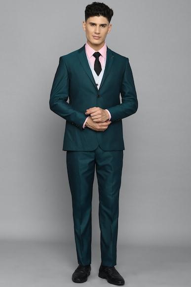 men green slim fit solid formal three piece suit