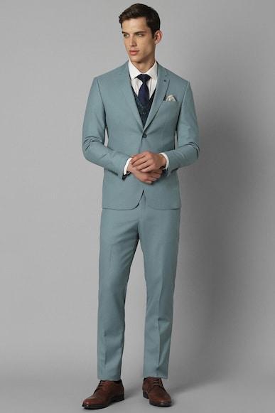 men green slim fit solid formal three piece suit