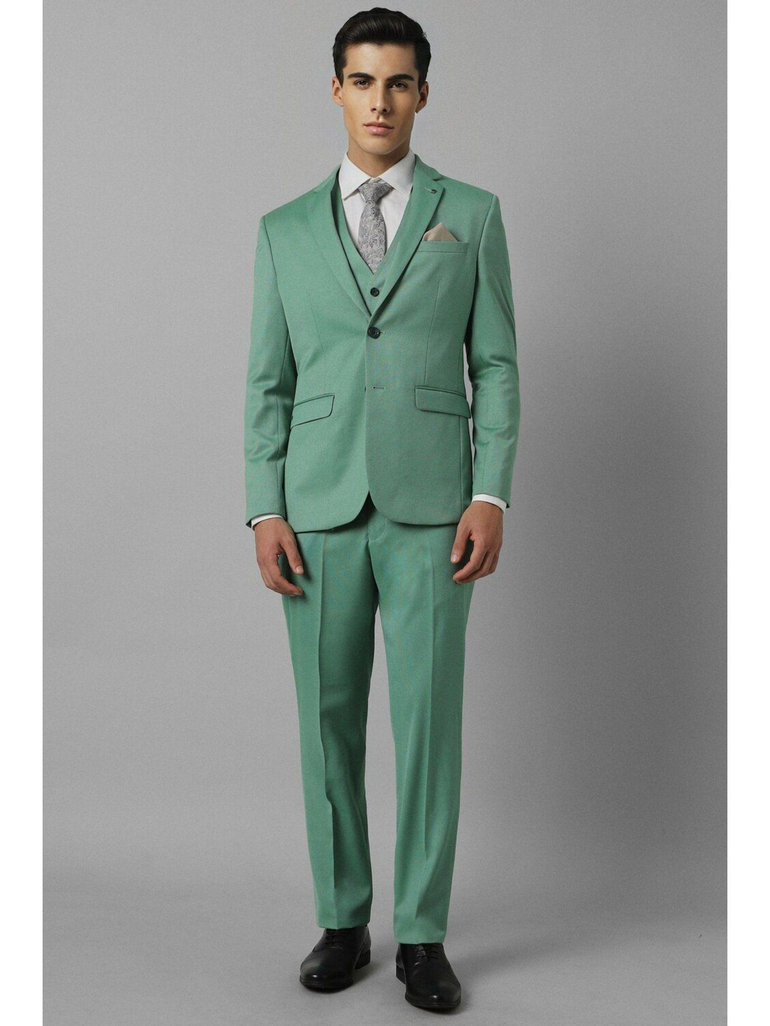 men green slim fit textured formal suit (set of 3)