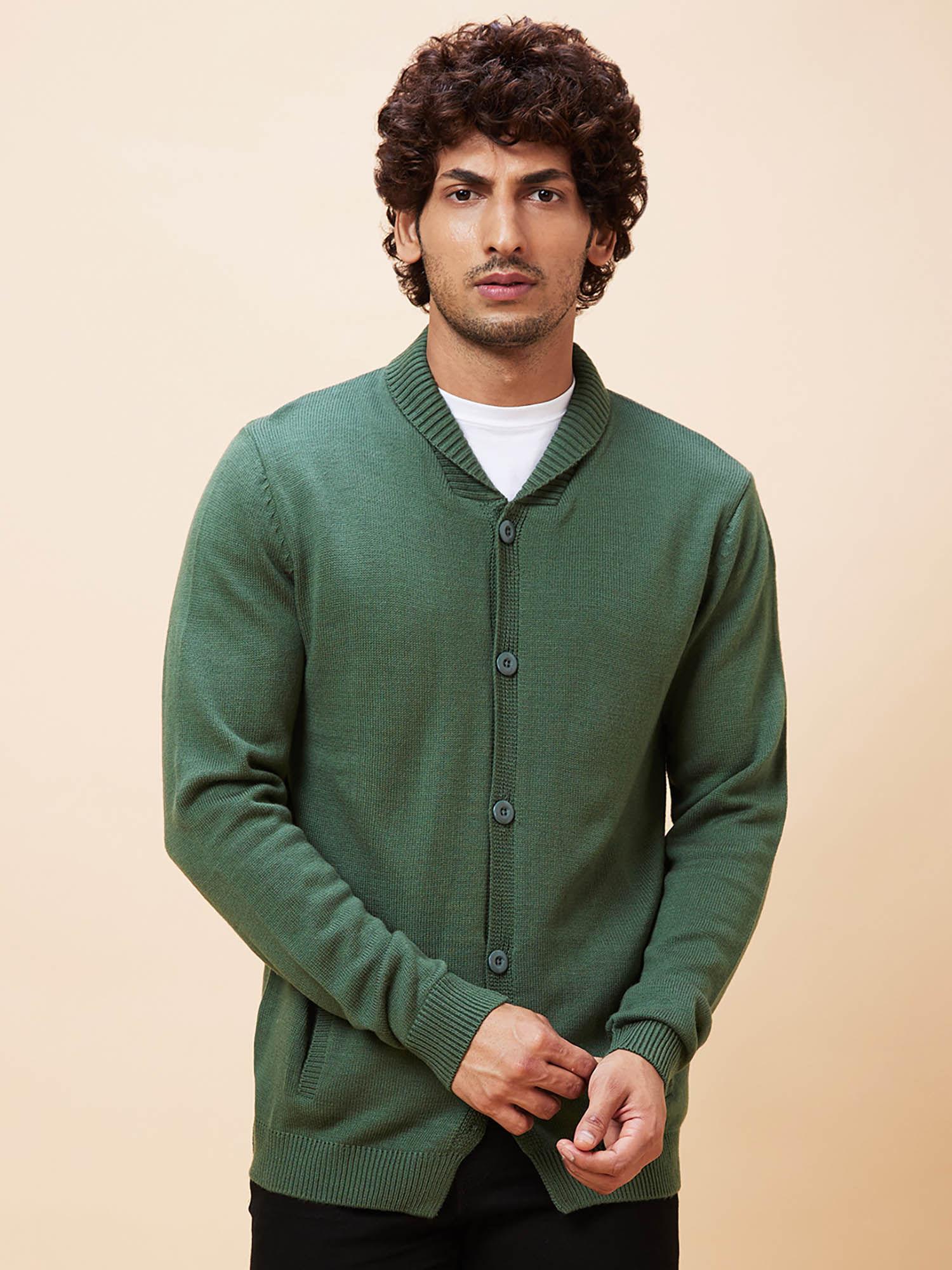 men green solid casual cardigan sweater