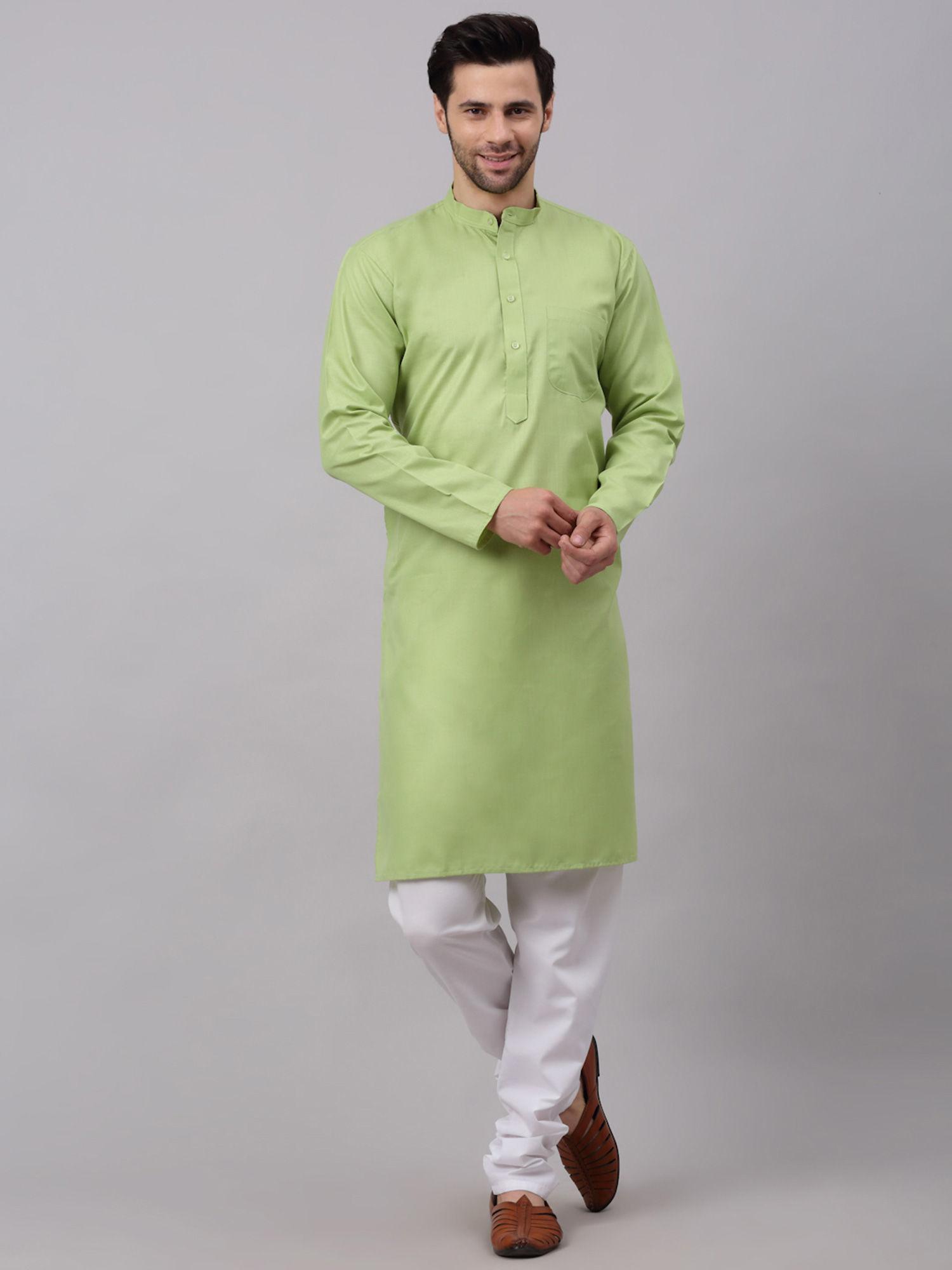 men green solid cotton long kurta pyjama (set of 2)