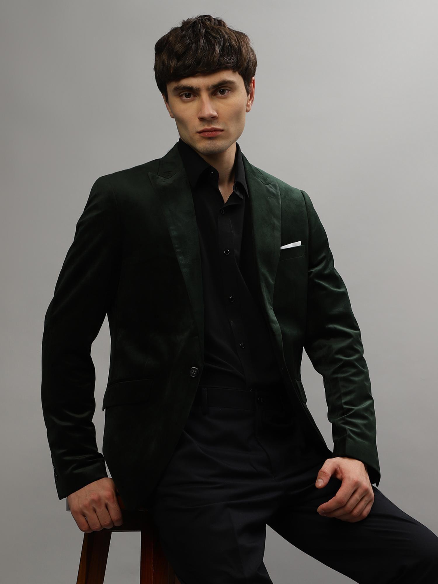 men green solid full sleeves notched lapel blazer