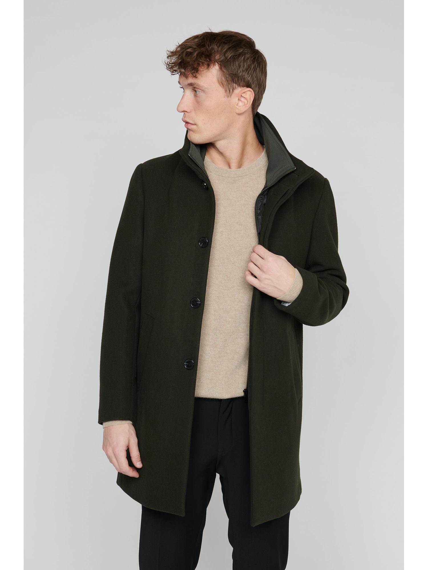 men green solid high stand collar long sleeves overcoat
