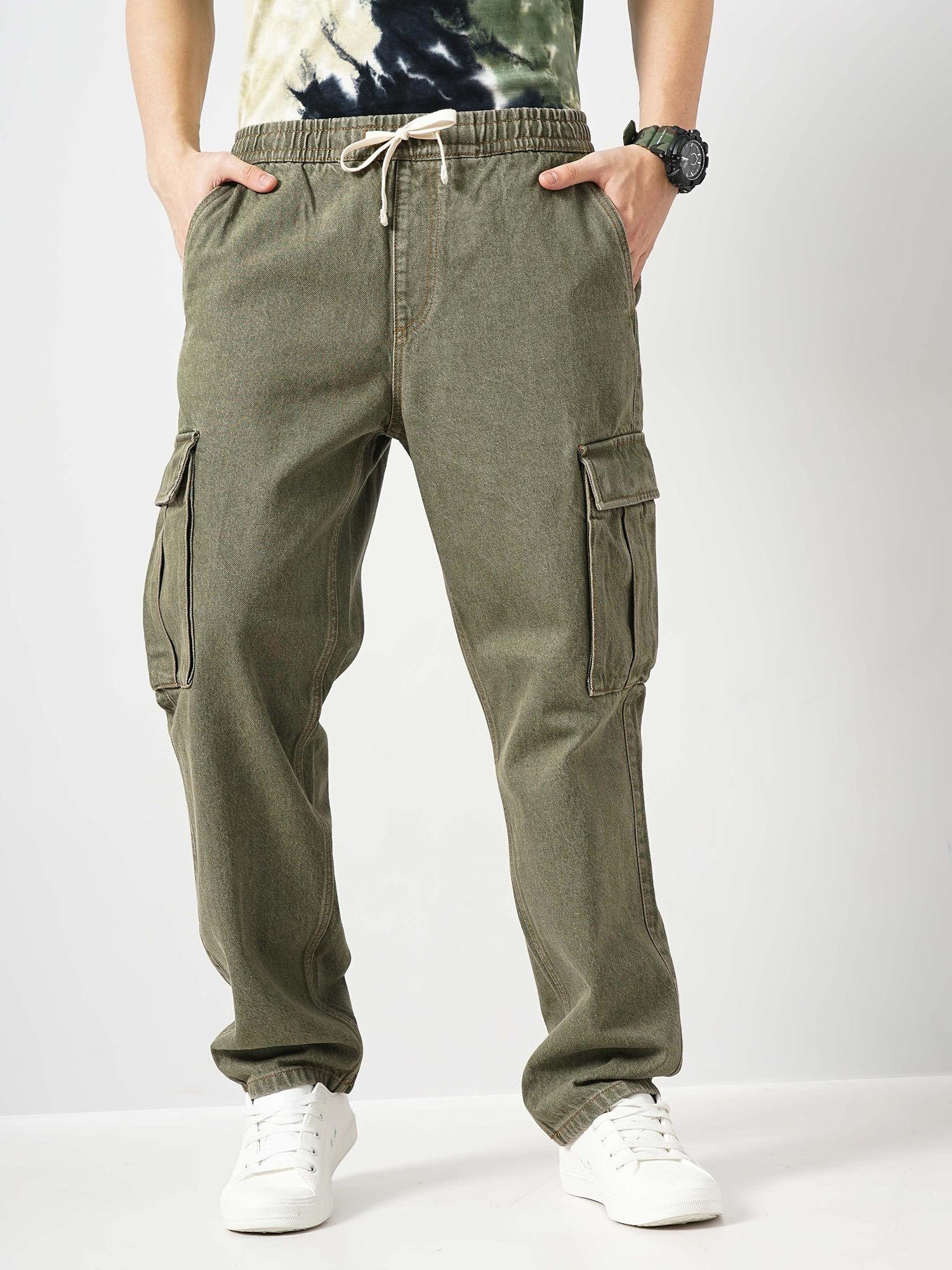 men green solid loose fit cotton trendy cargo casual trouser