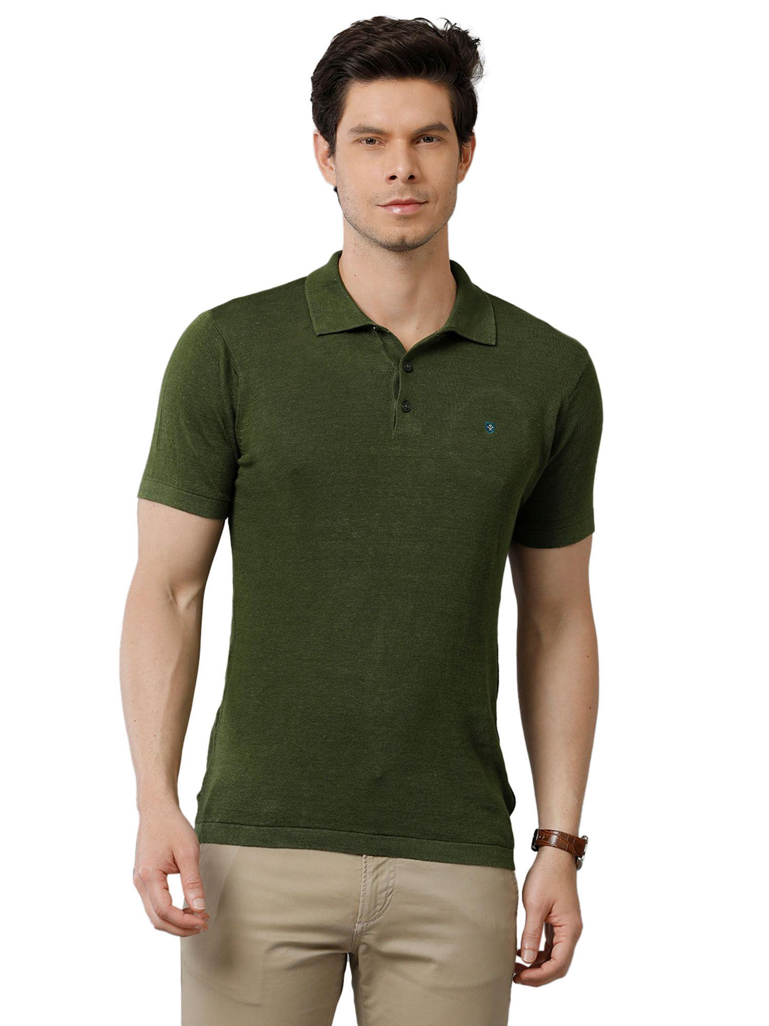men green solid polo collar linen knitted t-shirt