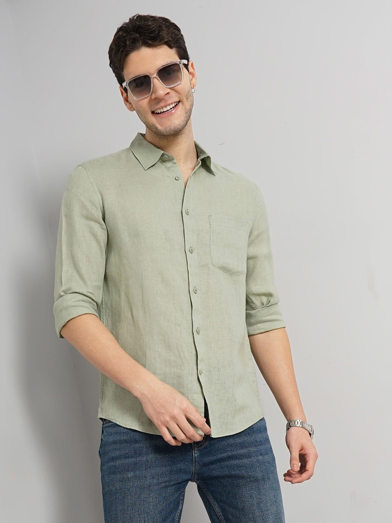 men green solid regular fit linen casual shirt