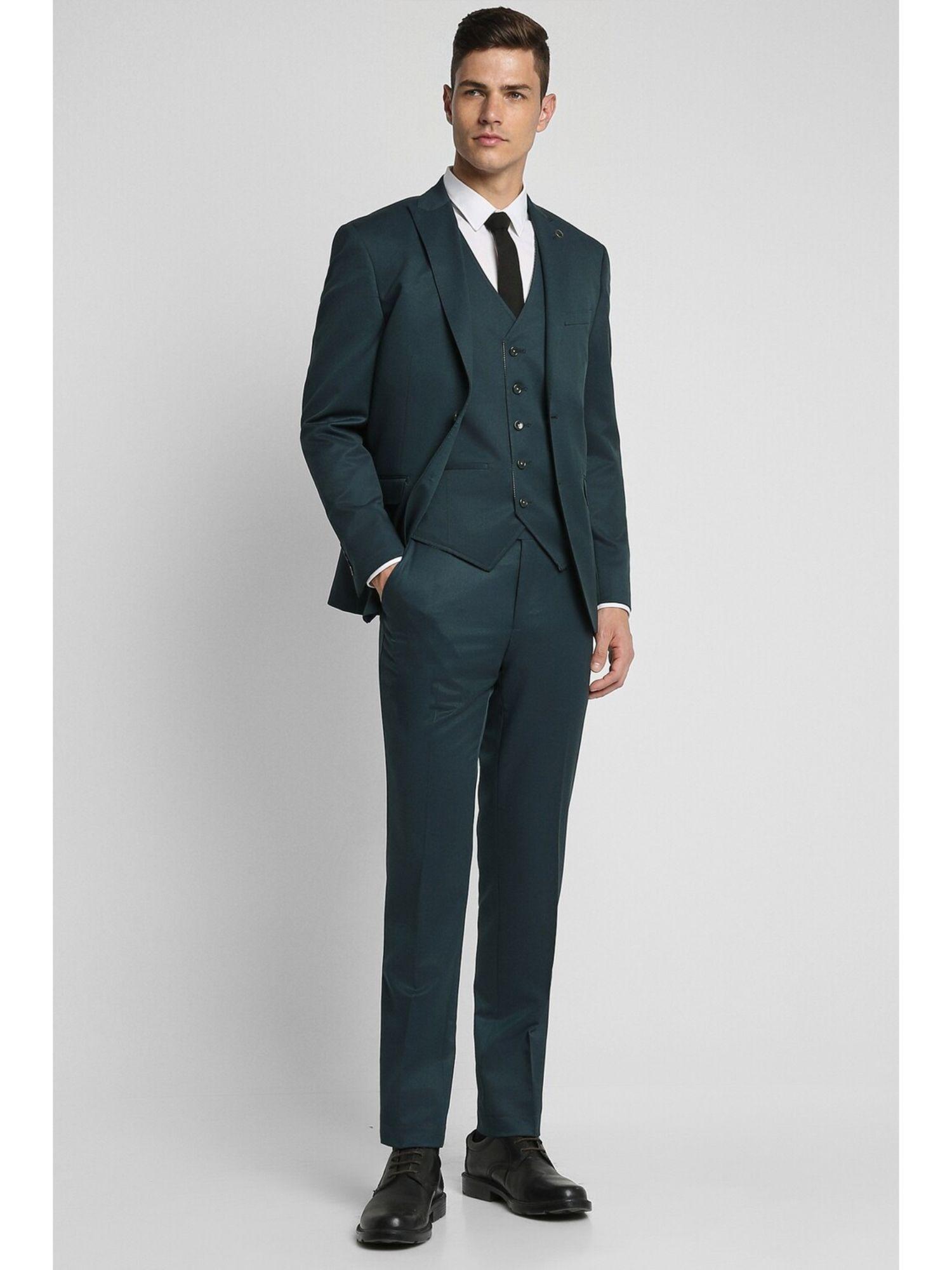 men green solid slim fit formal suit (set of 3)